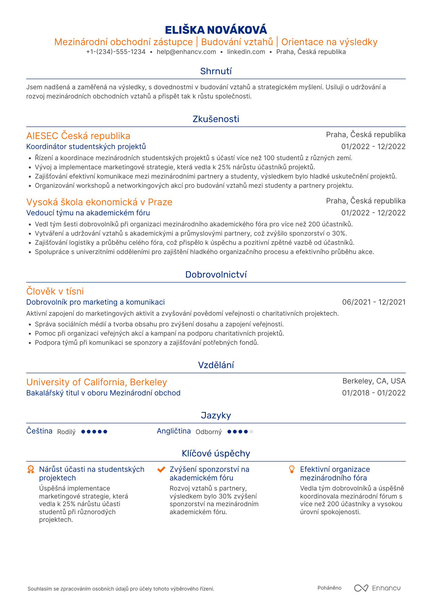 Životopis pro Mezinárodní obchodní zástupce Resume Example