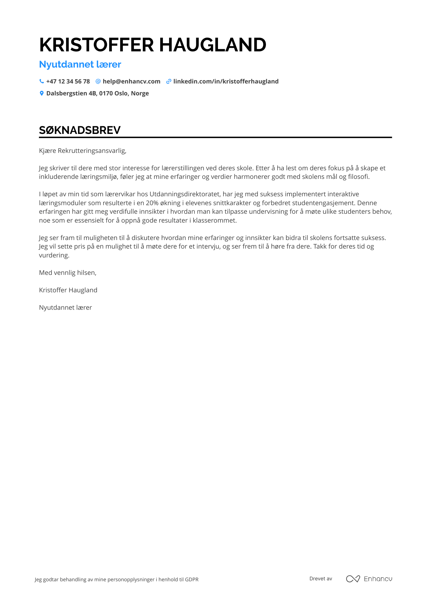Søknadsbrev for Nyutdannet lærer Resume Example