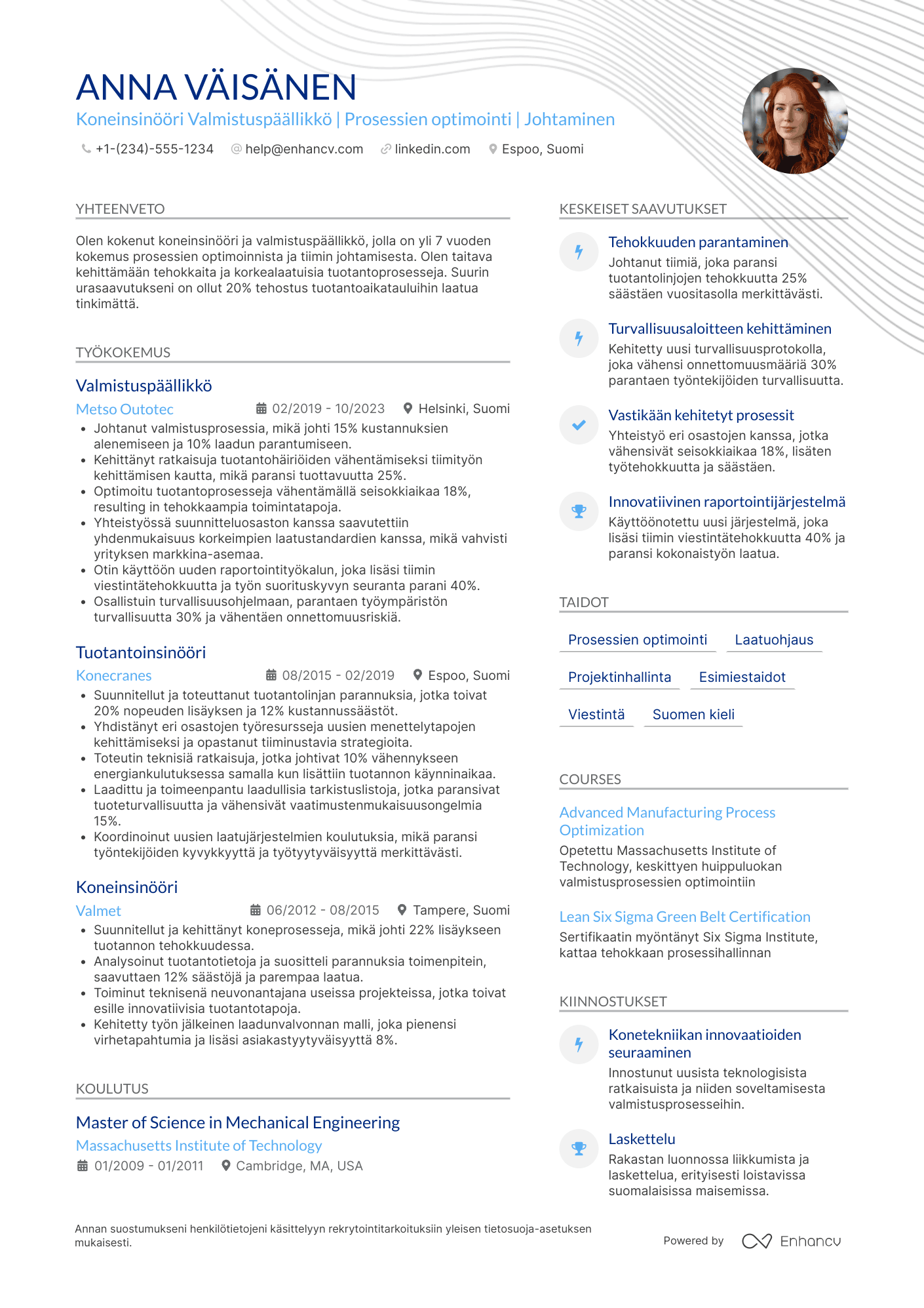 Ansioluettelo Koneinsinööri Valmistuspäällikkö Resume Example