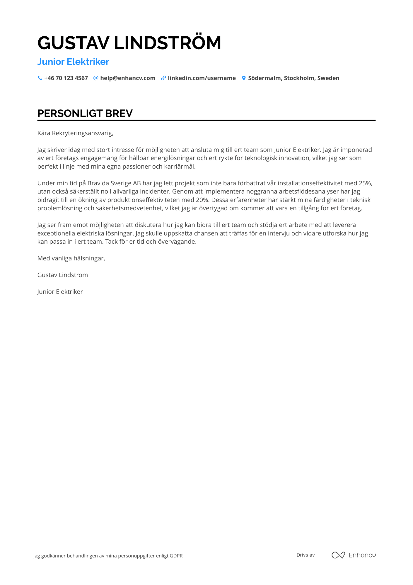 Personligt brev för Junior elektriker Resume Example