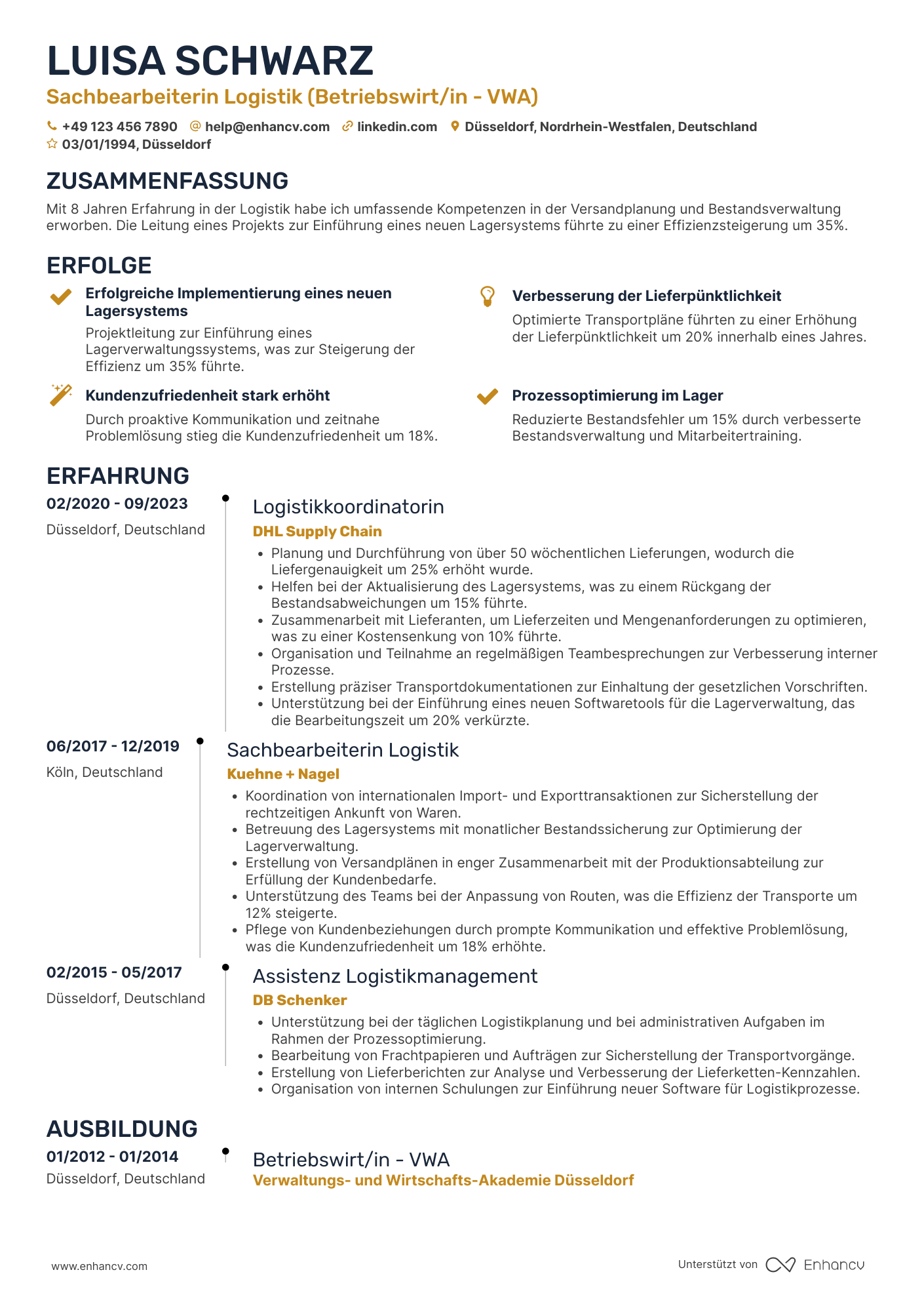 Lebenslauf als Verwaltungsassistent für Logistik Resume Example