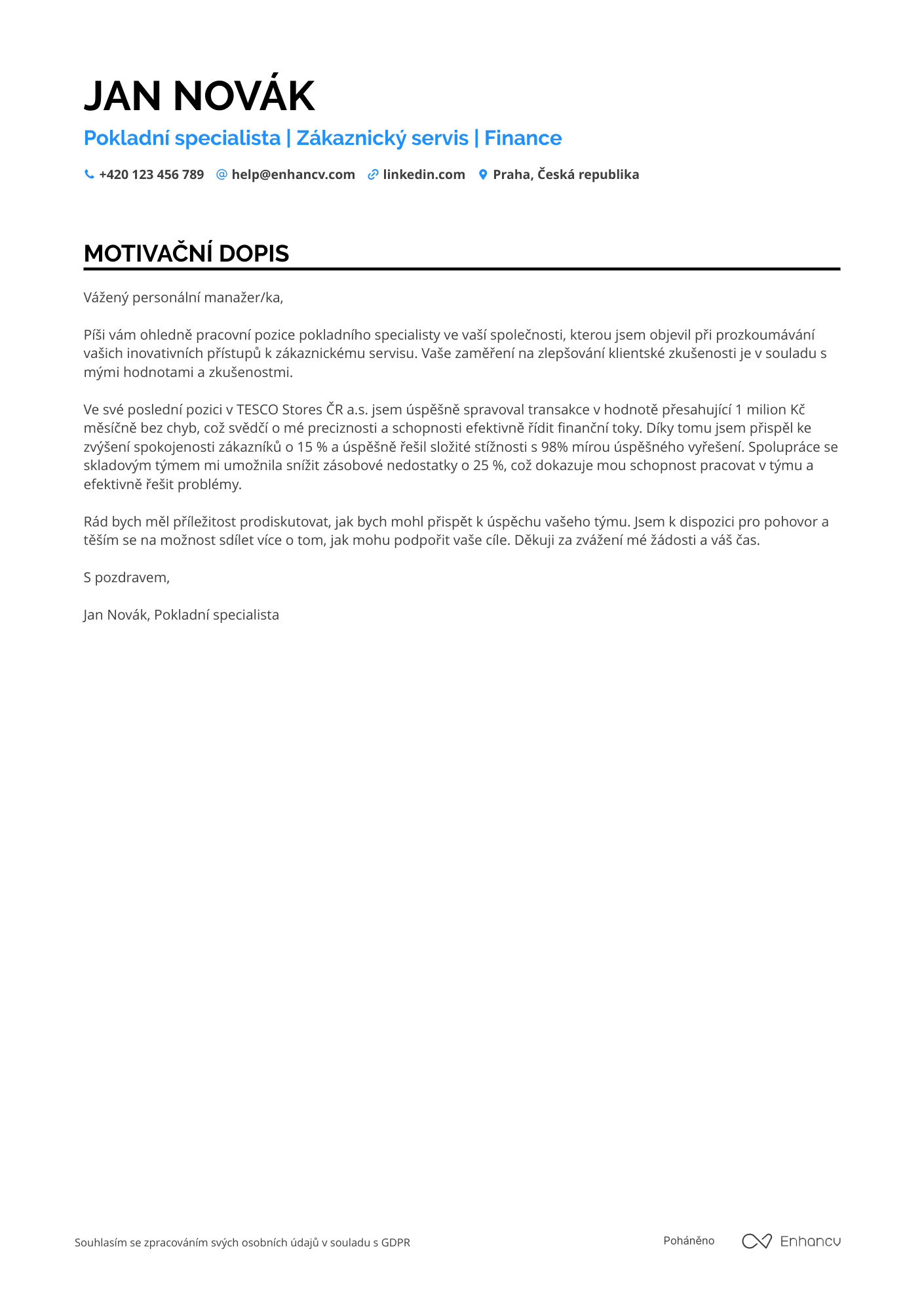 Motivační dopis pro Pokladní specialista Resume Example
