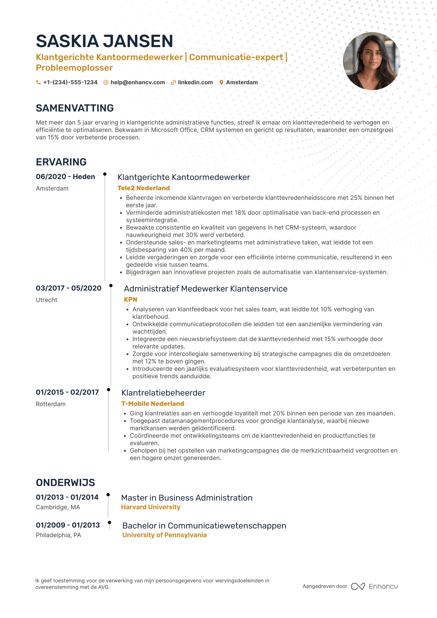 CV voor Klantgerichte Kantoormedewerker Resume Example