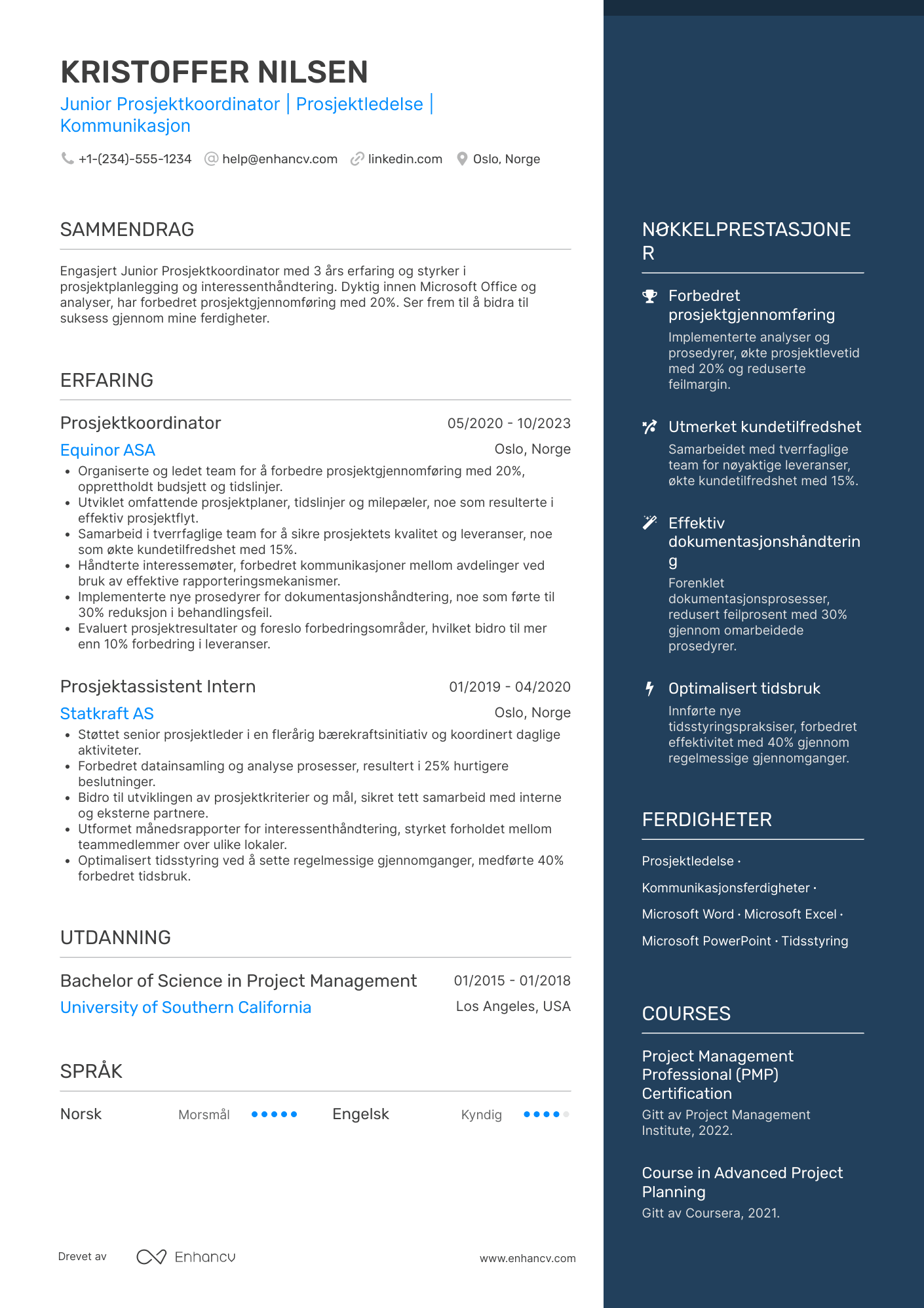 CV for Junior Prosjektkoordinator Resume Example