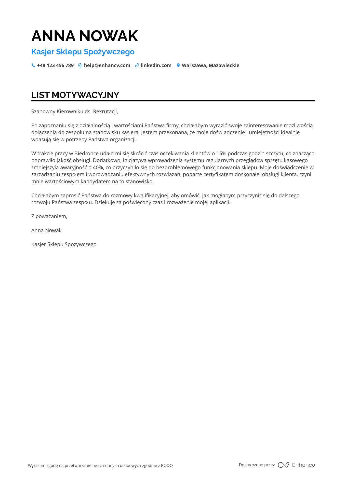 List motywacyjny dla Kasjer Sklepu Spożywczego Resume Example