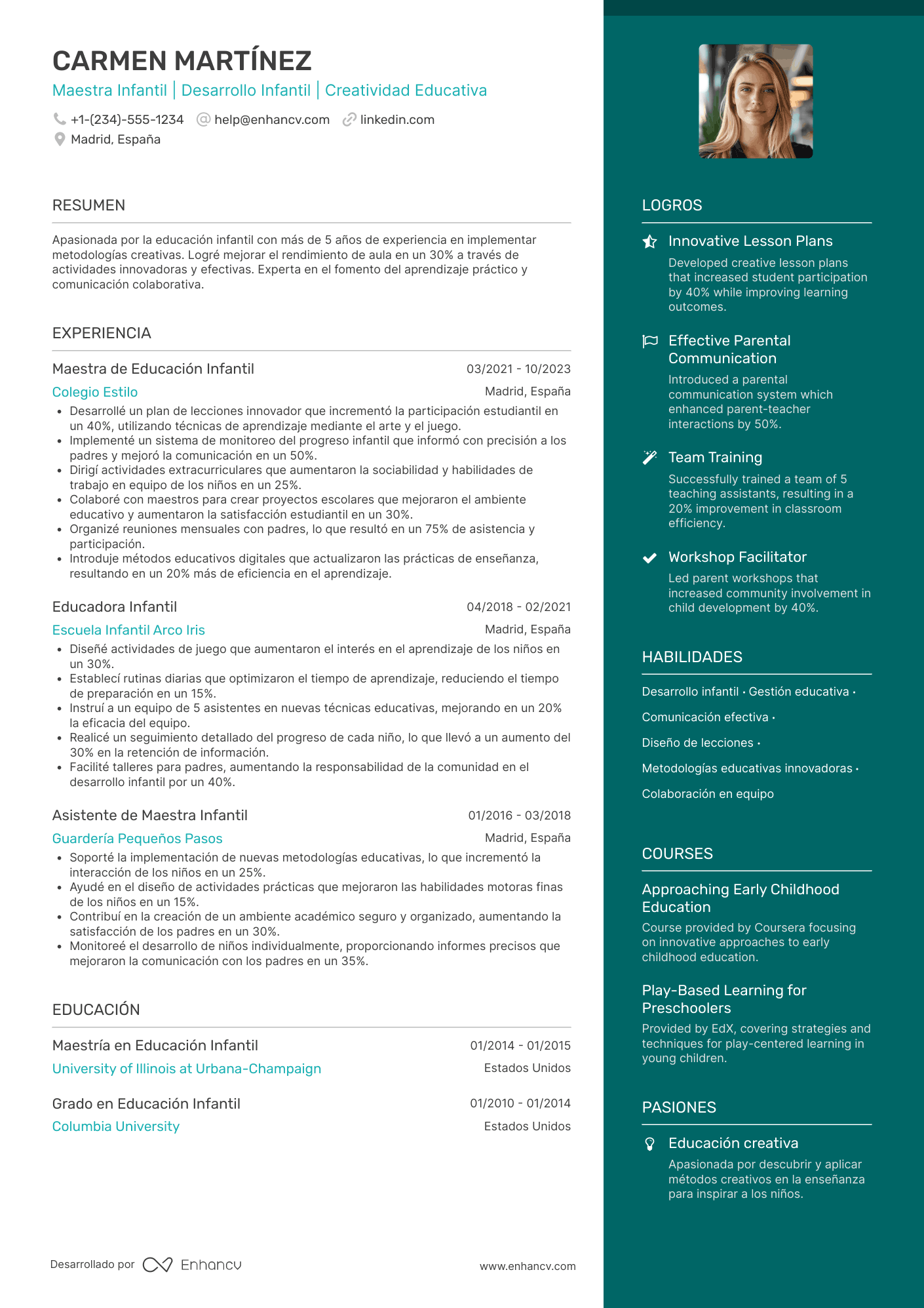 Ejemplo de currículum de maestra infantil Resume Example