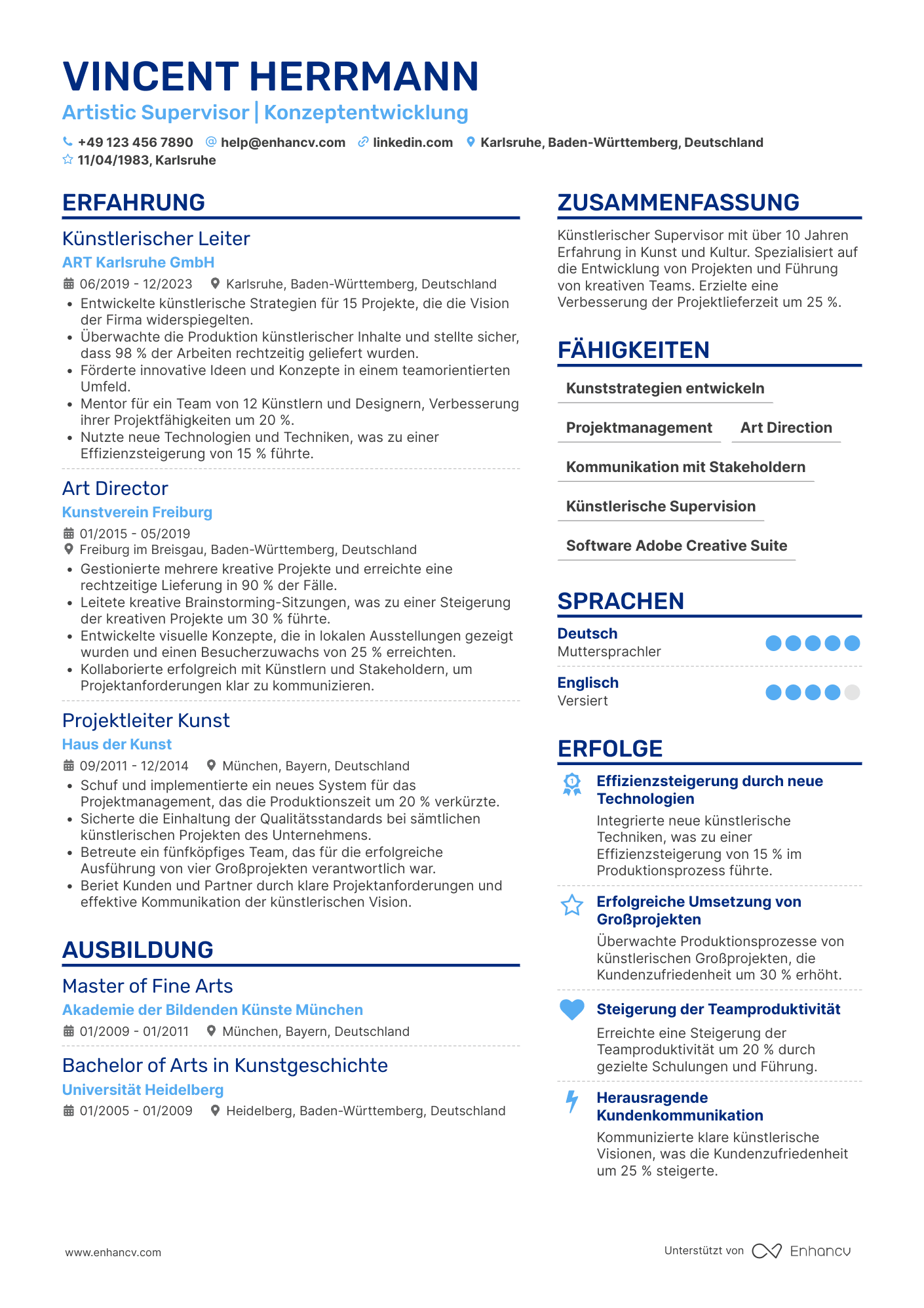 Lebenslauf als Künstlerischer Supervisor Resume Example