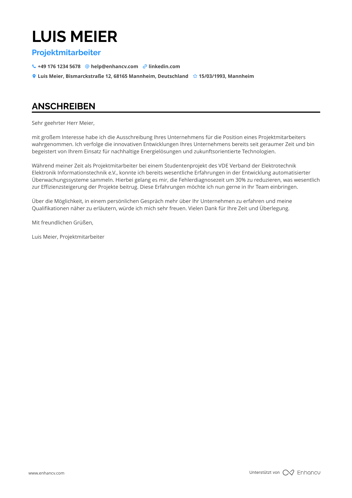 Elektriker Praktikant Resume Example