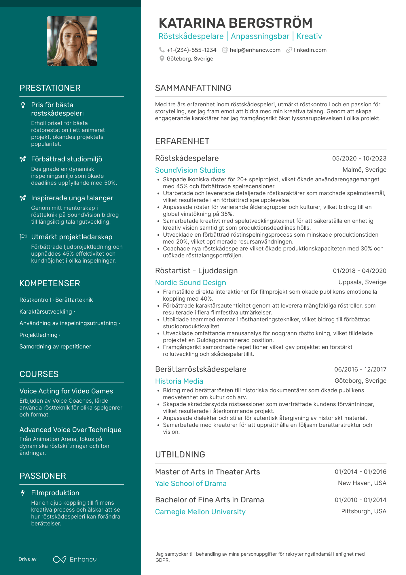 CV för Ny Röstskådespelare Resume Example