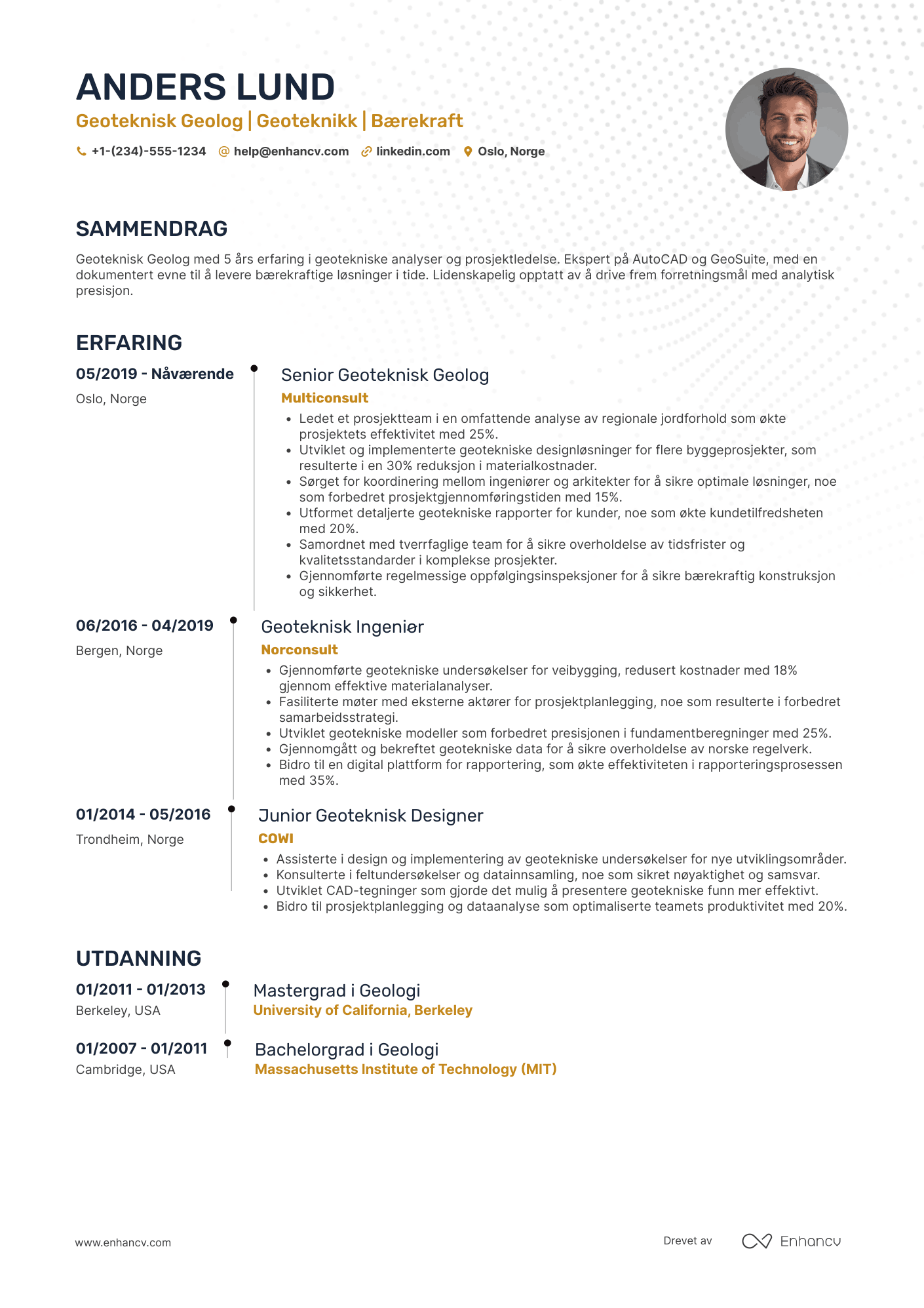 CV for Geoteknisk geolog Resume Example