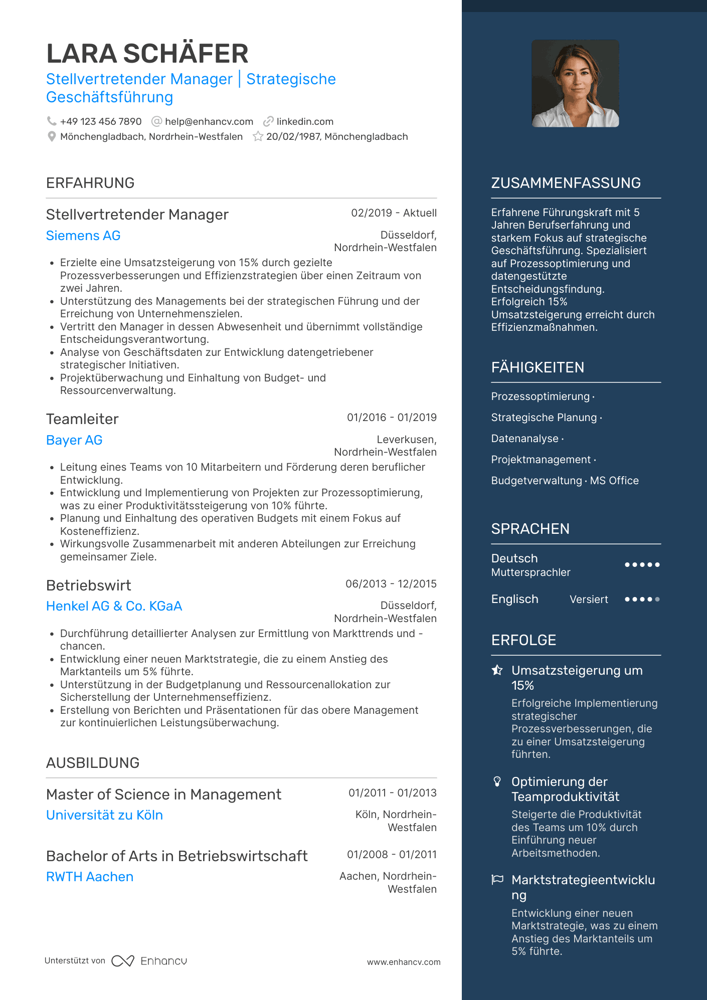 Lebenslauf als Stellvertretender Manager mit 5 Jahren Erfahrung Resume Example