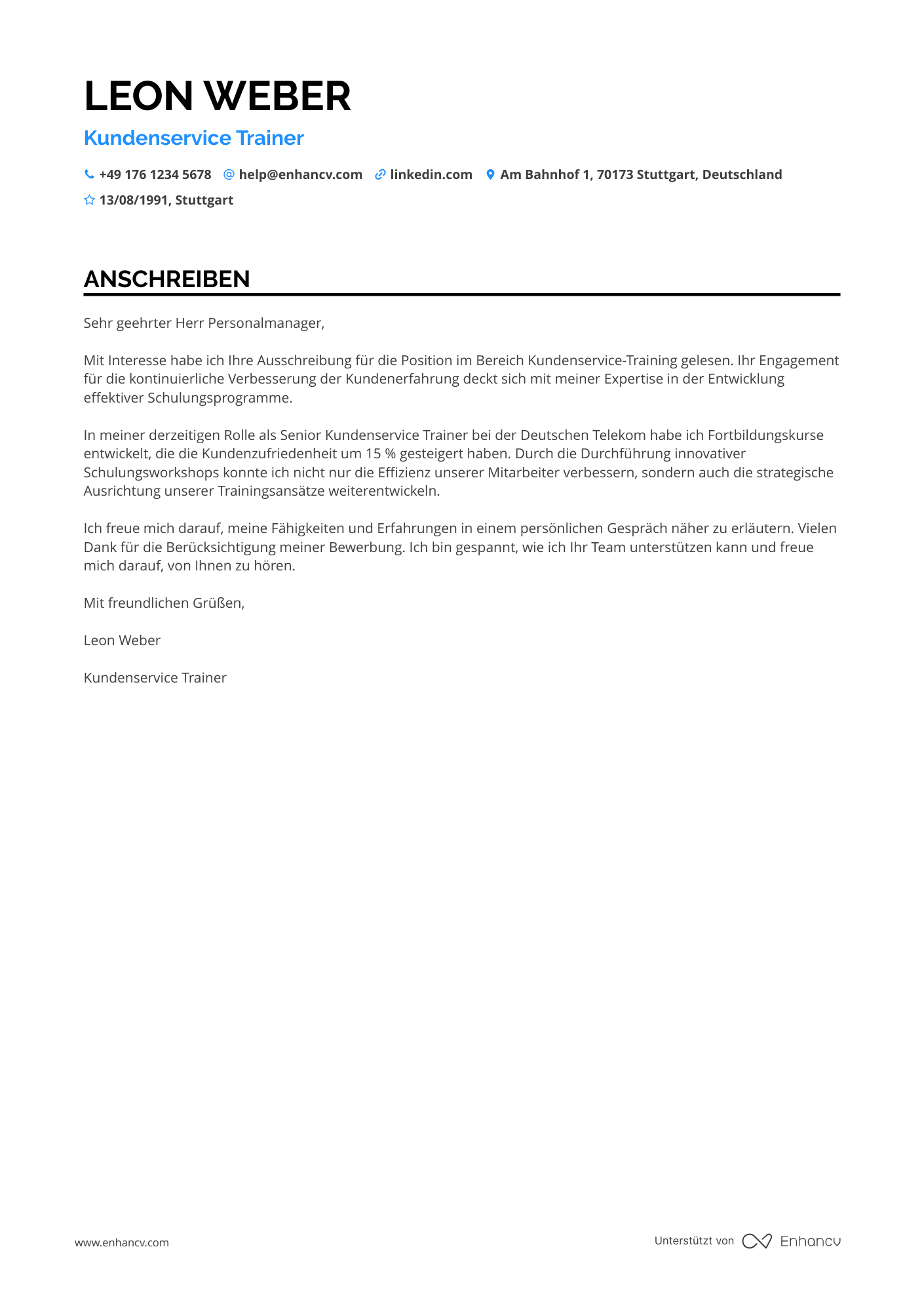 Kundenservice Trainer Resume Example