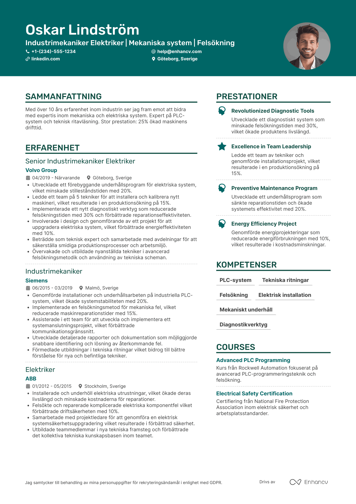 CV för Industrimekaniker elektriker Resume Example