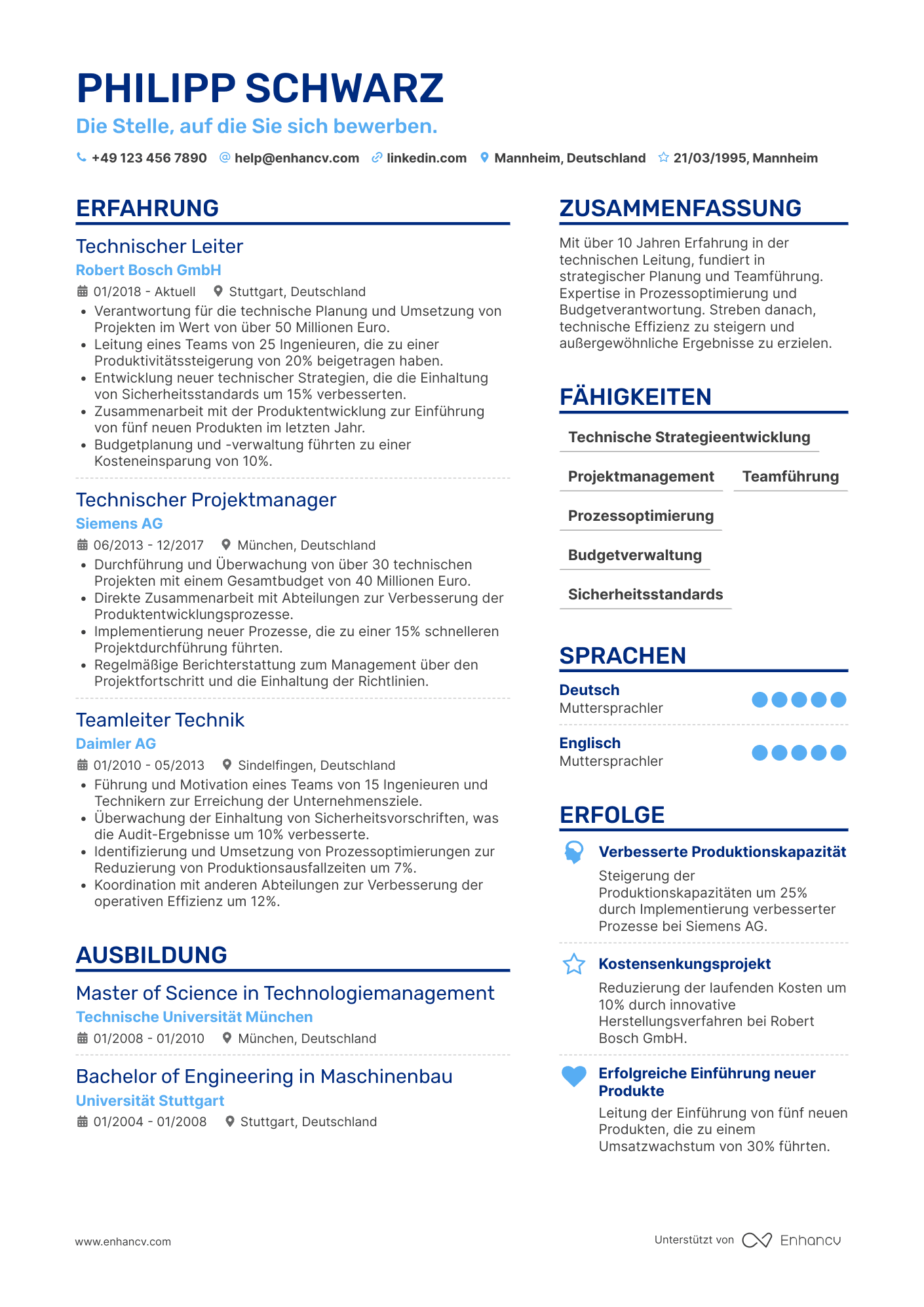 Lebenslauf als Technischer Leiter mit Berufserfahrung Resume Example
