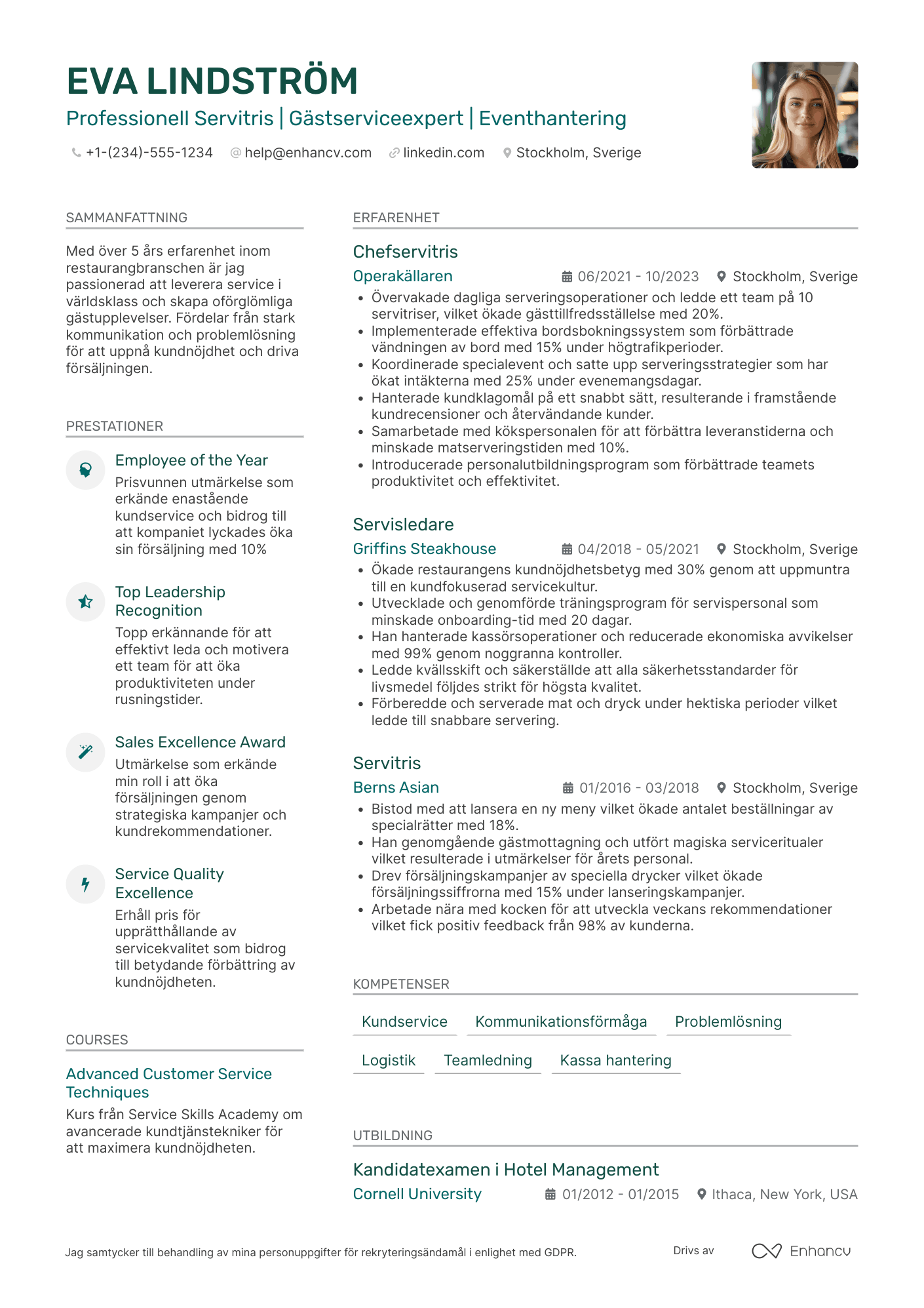 CV för Åldersmässig Servitris Resume Example
