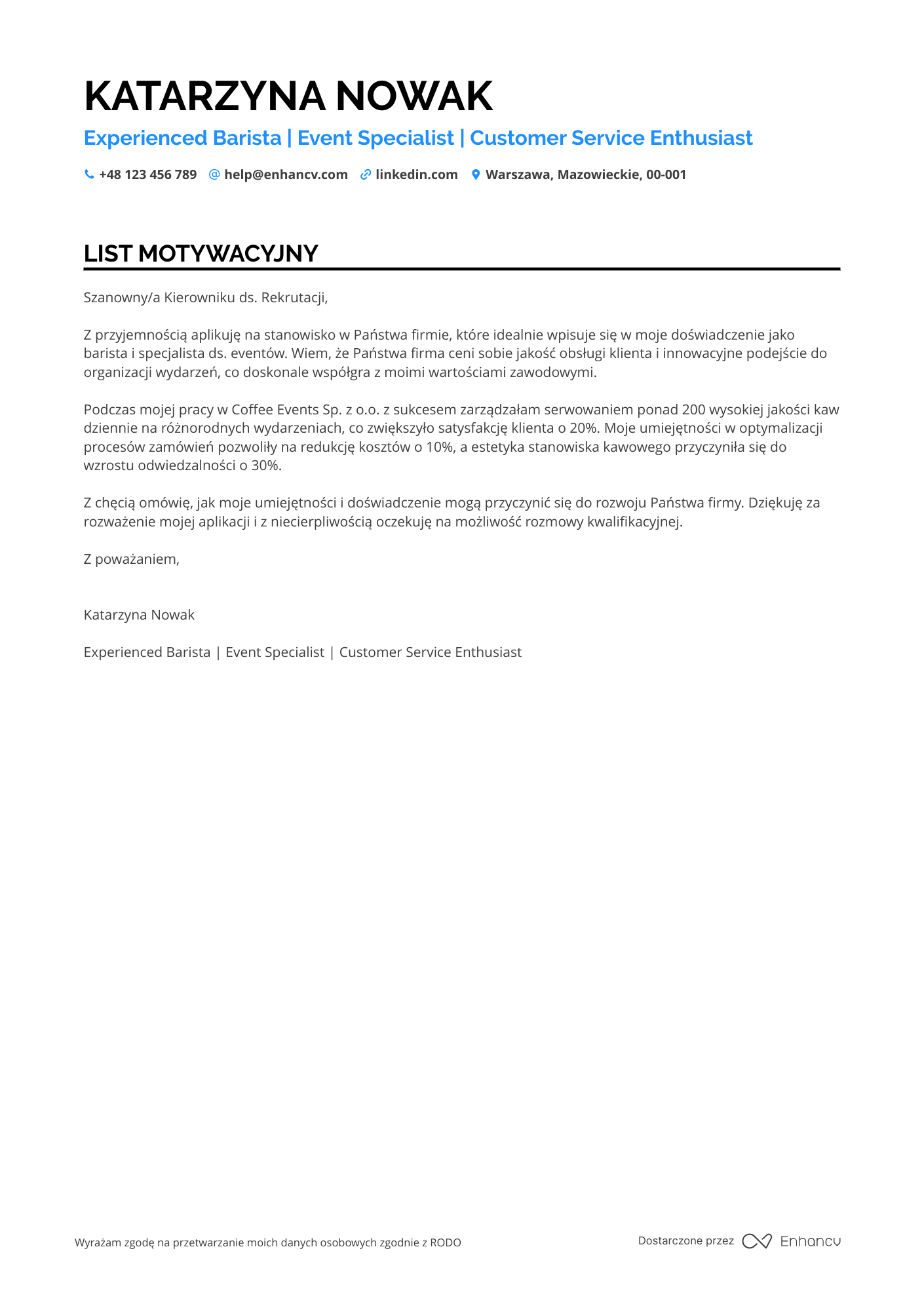 List motywacyjny dla Event Barista Resume Example