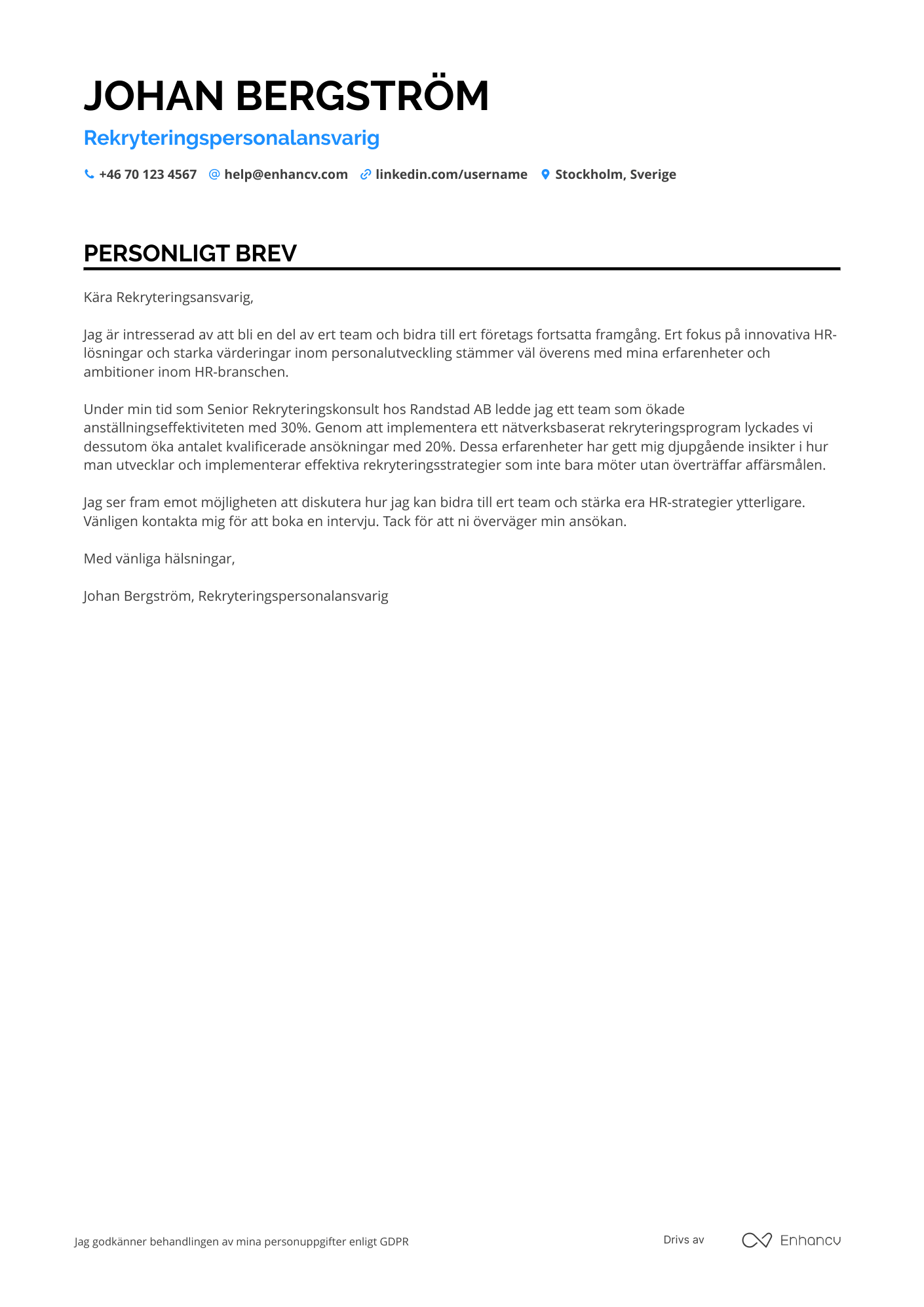 Personligt brev för Rekryteringspersonalansvarig Resume Example