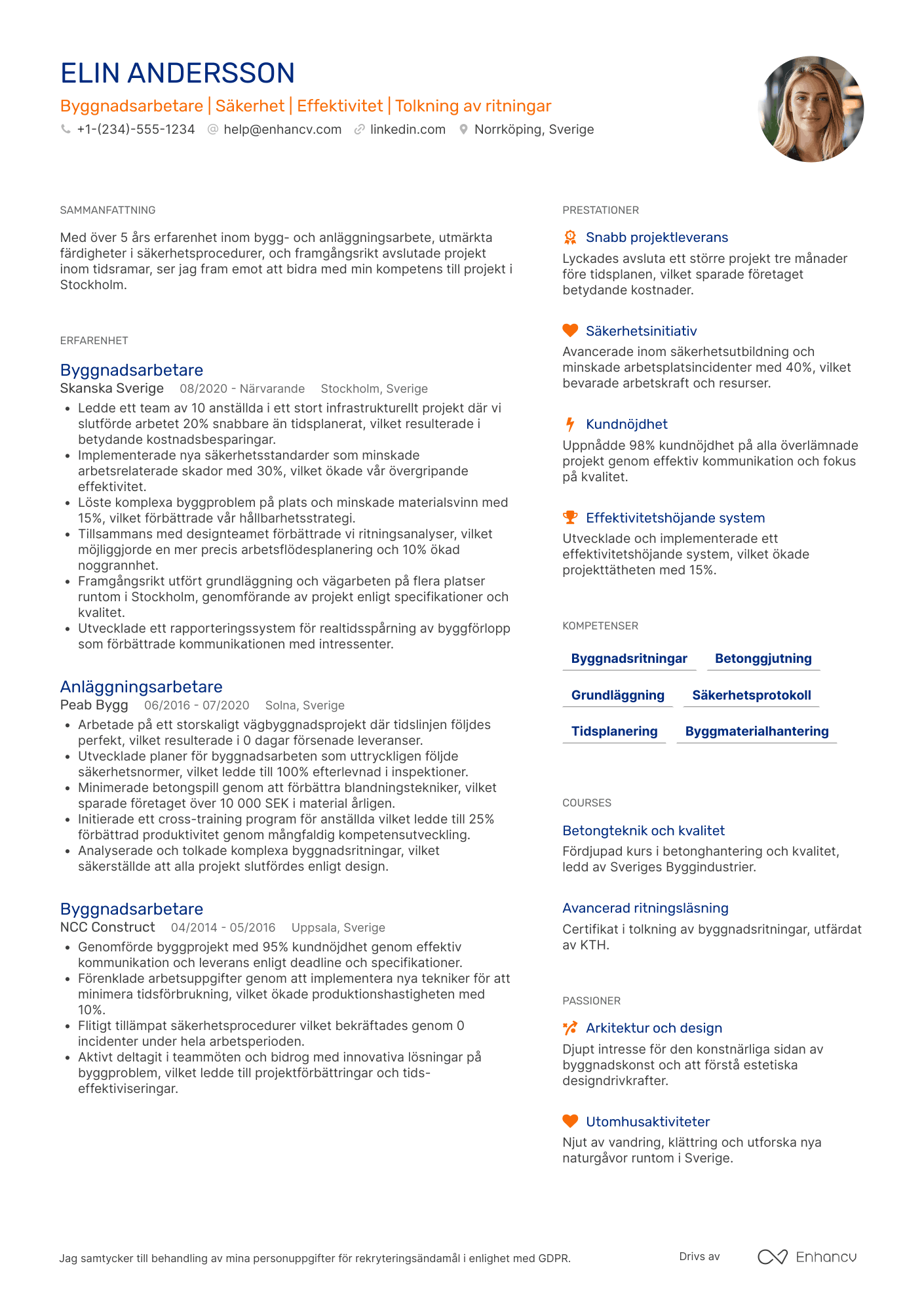 CV för Byggnadsarbetare Anläggningsarbetare Resume Example