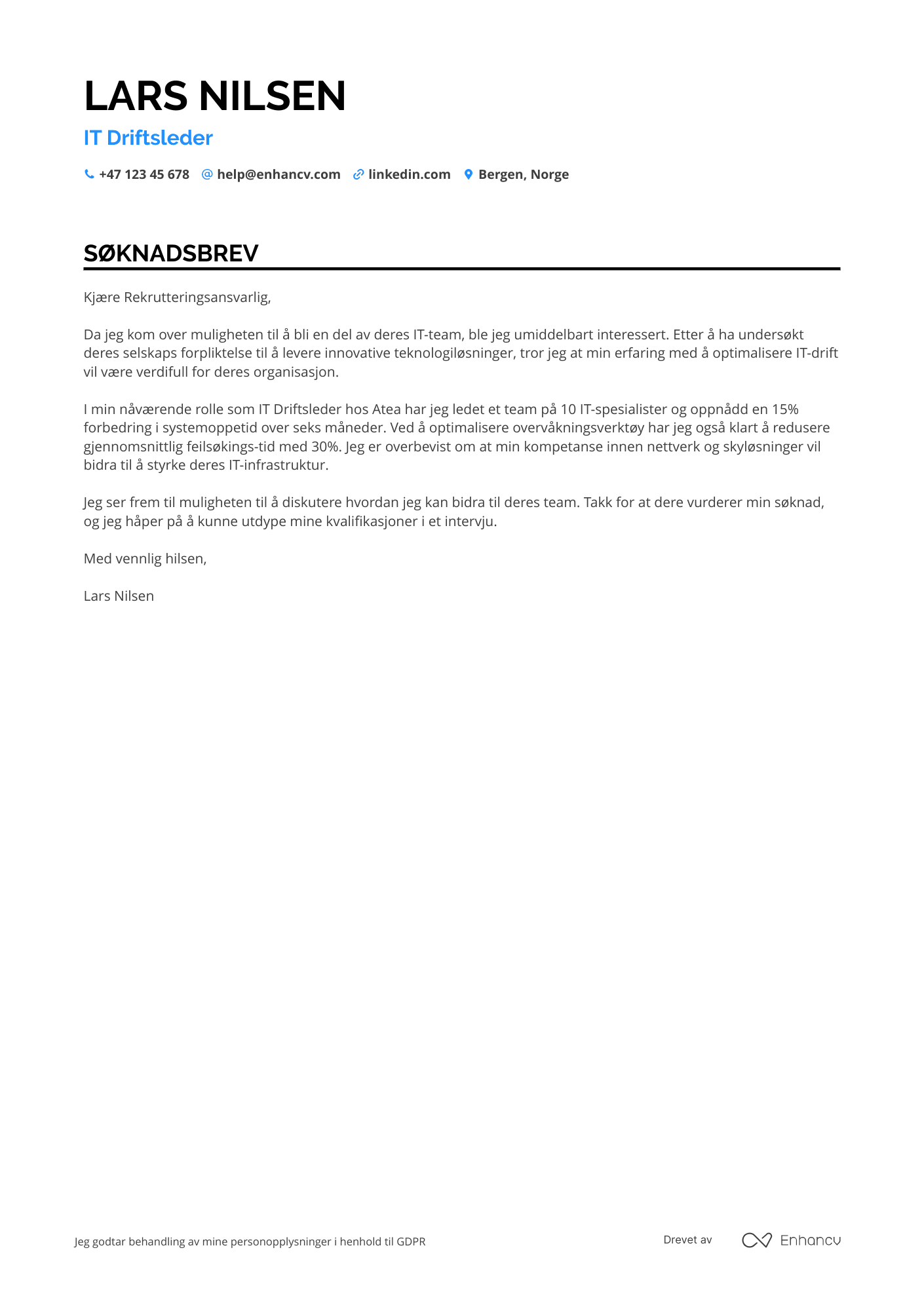 Søknadsbrev for IT Driftsleder Resume Example
