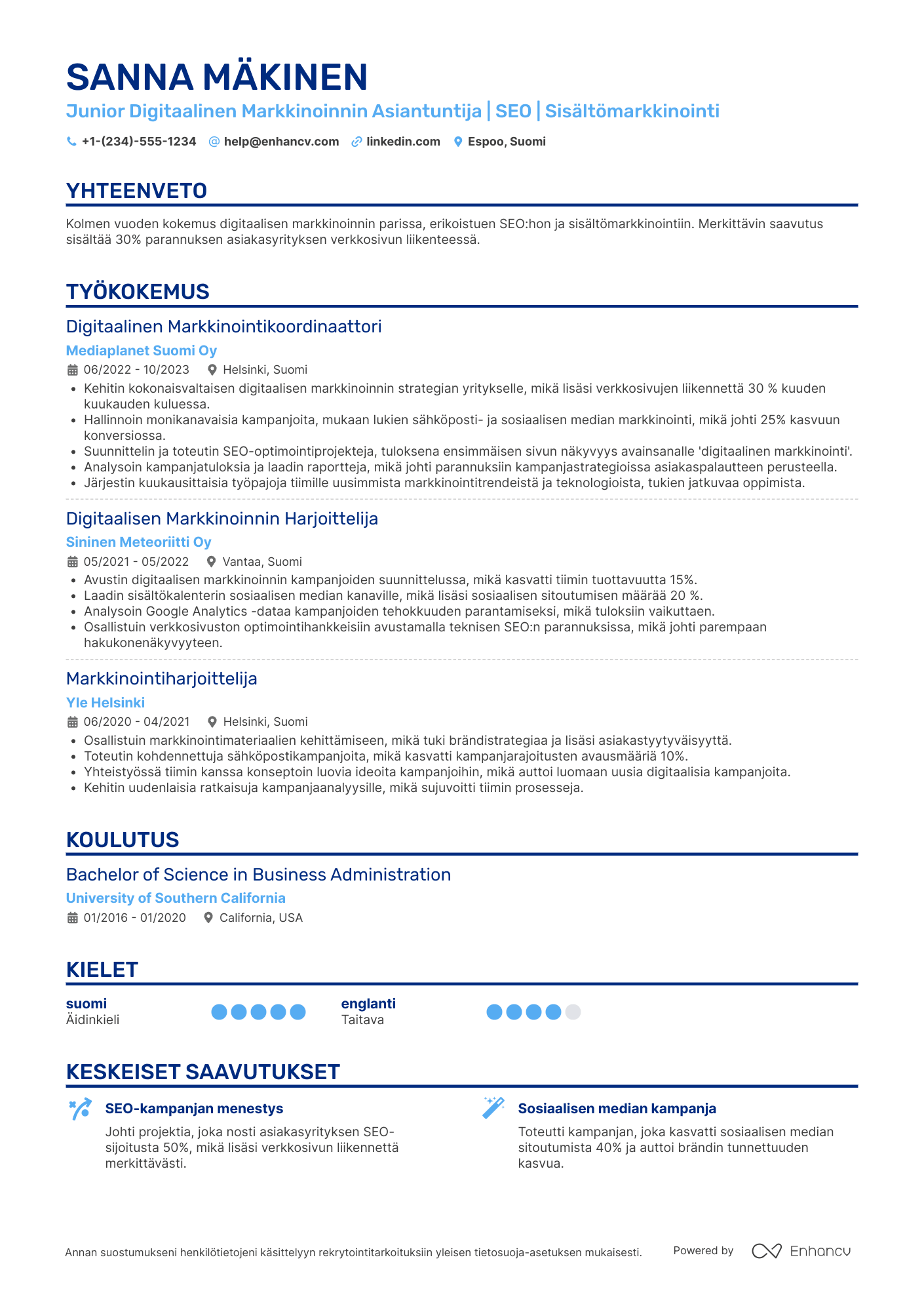 Ansioluettelo Junior digitaalisen markkinoinnin asiantuntija Resume Example