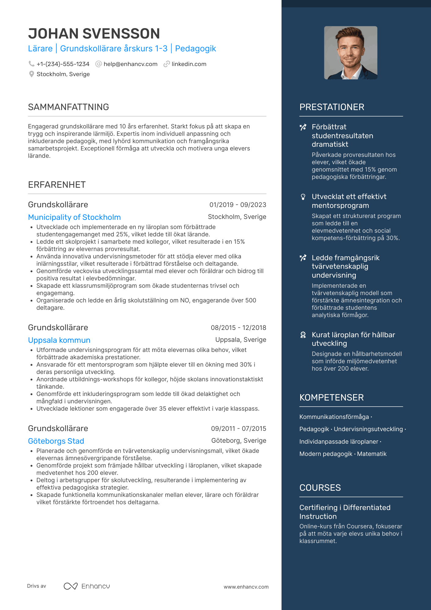CV för Grundskollärare för årskurs 1 3 Resume Example