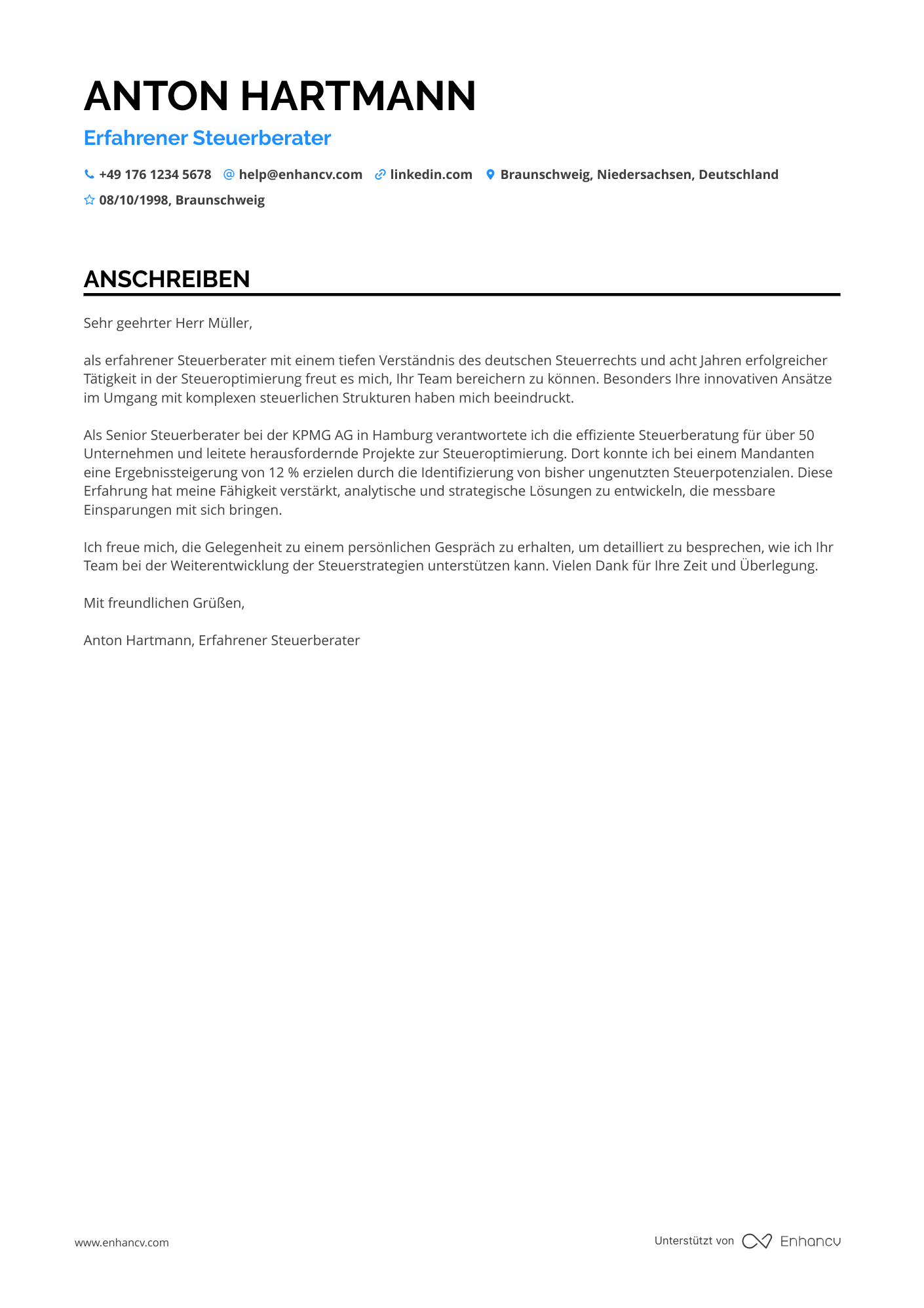 Erfahrener Steuerberater Resume Example