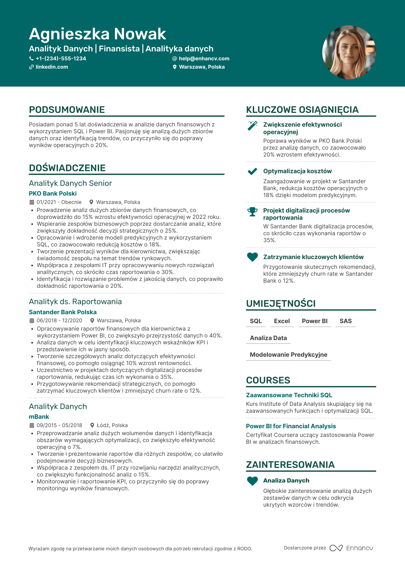 CV dla Analityk Danych w Finansach Resume Example