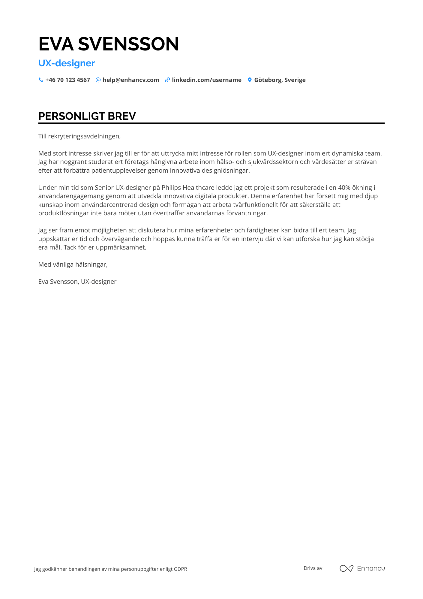 Personligt brev för UX design inom hälso  och sjukvård Resume Example