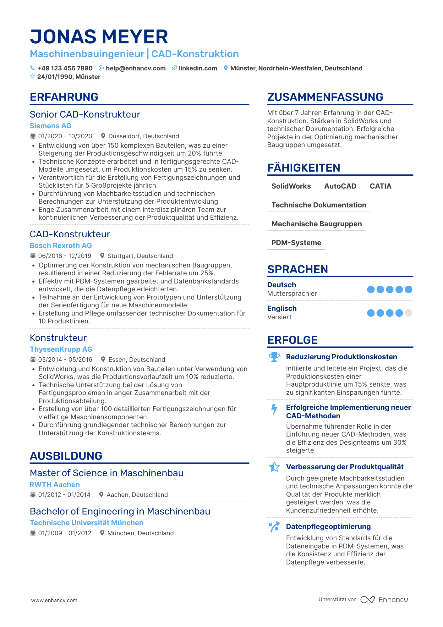 Lebenslauf als Maschinenbauingenieur für CAD Konstruktion Resume Example
