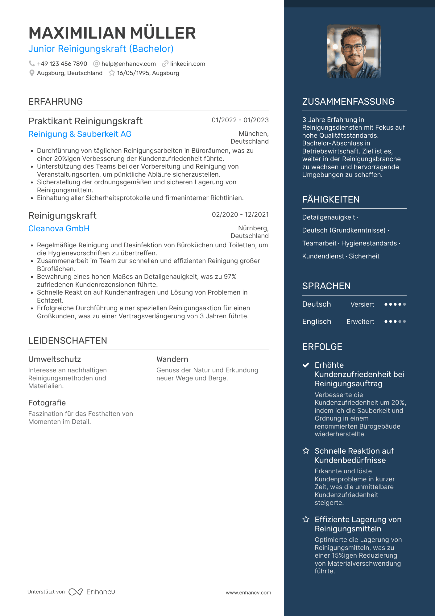 Lebenslauf als Junior Reinigungskraft Resume Example