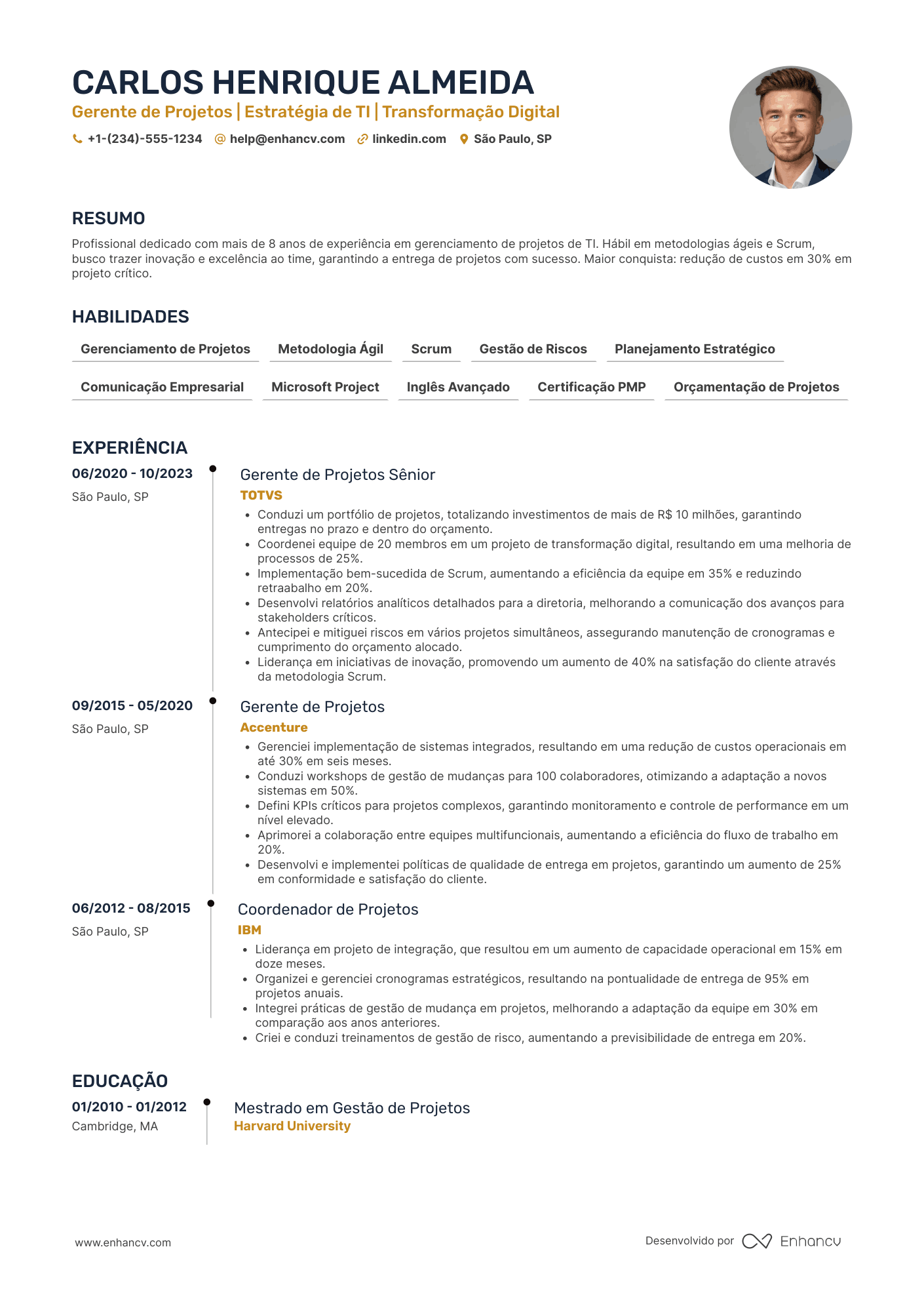 Currículo de gerente de projetos com experiência Resume Example
