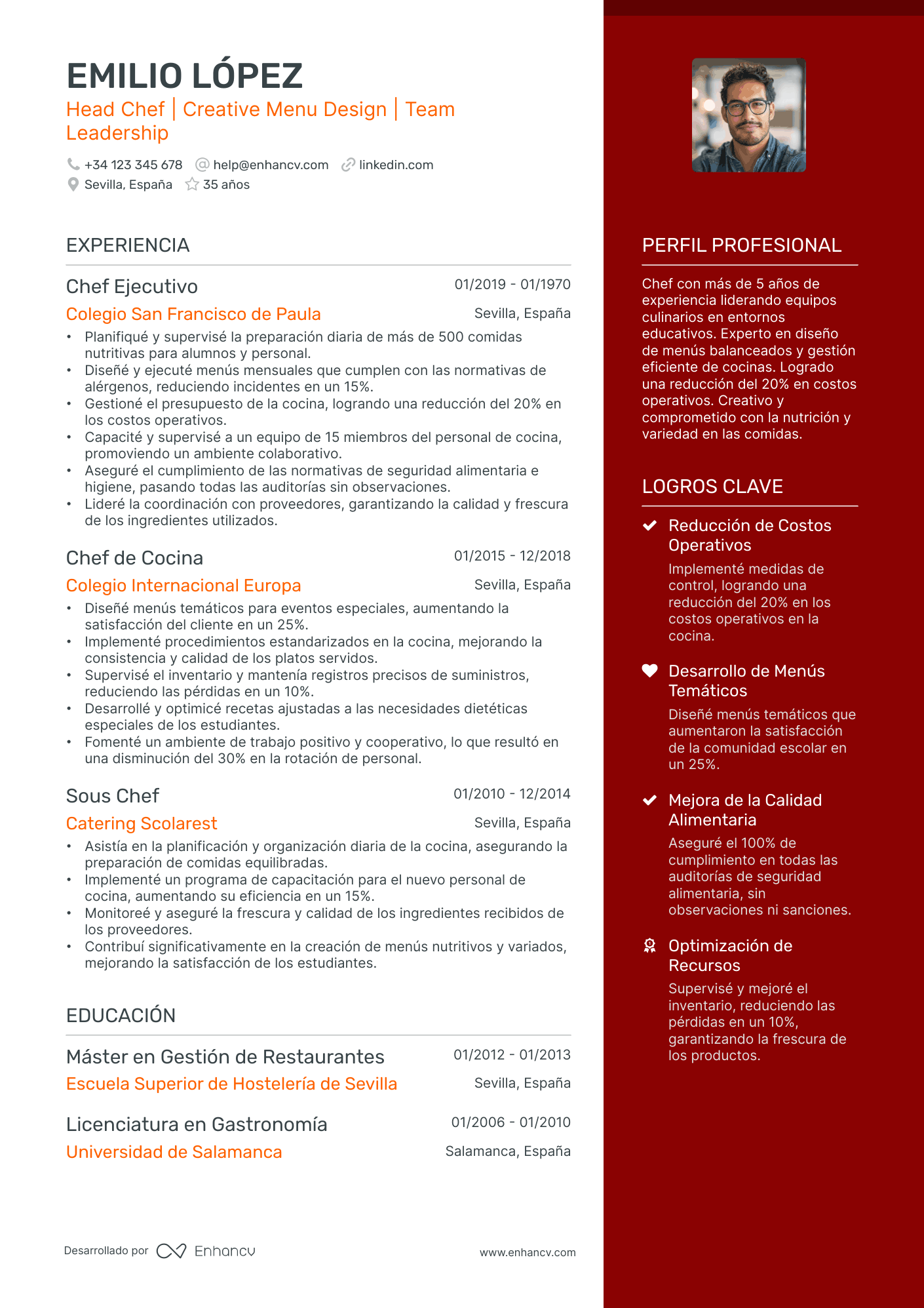 Chef de Restaurante Resume Example