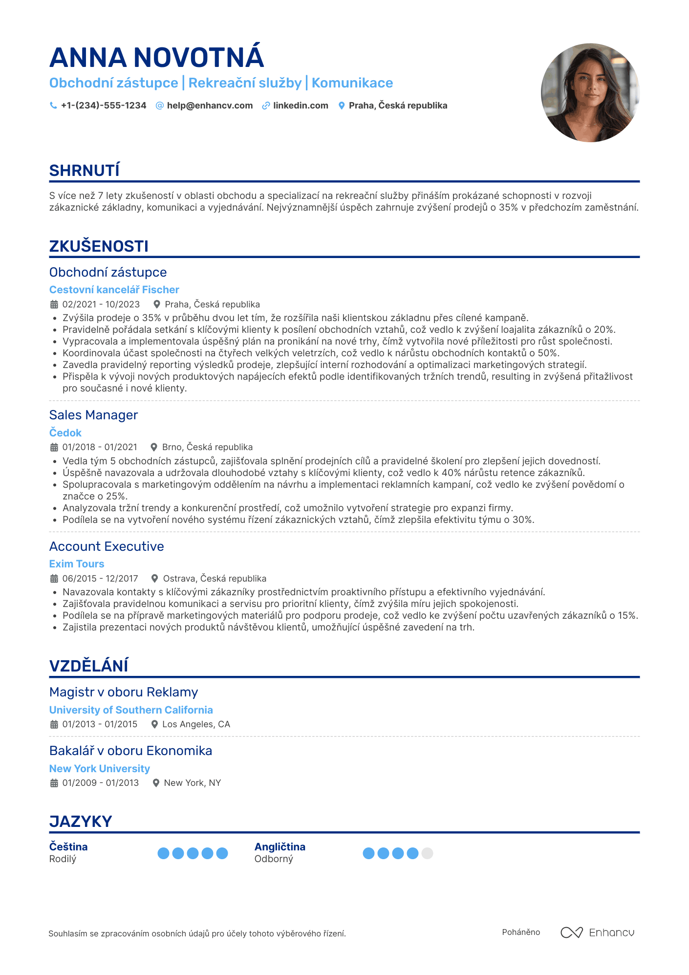 Životopis pro Obchodní zástupce pro rekreační služby Resume Example