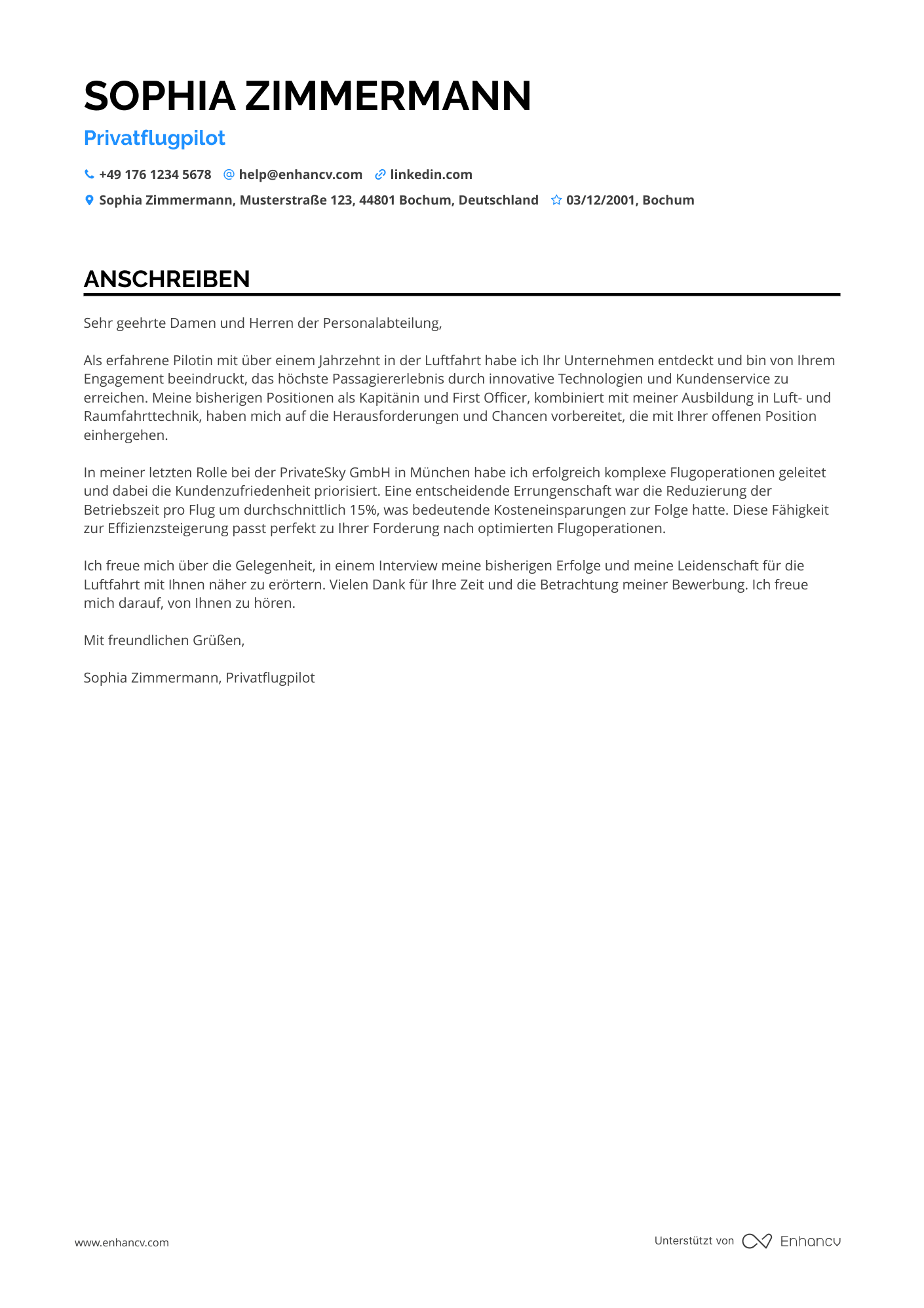 Pilot für private Charterflüge Resume Example