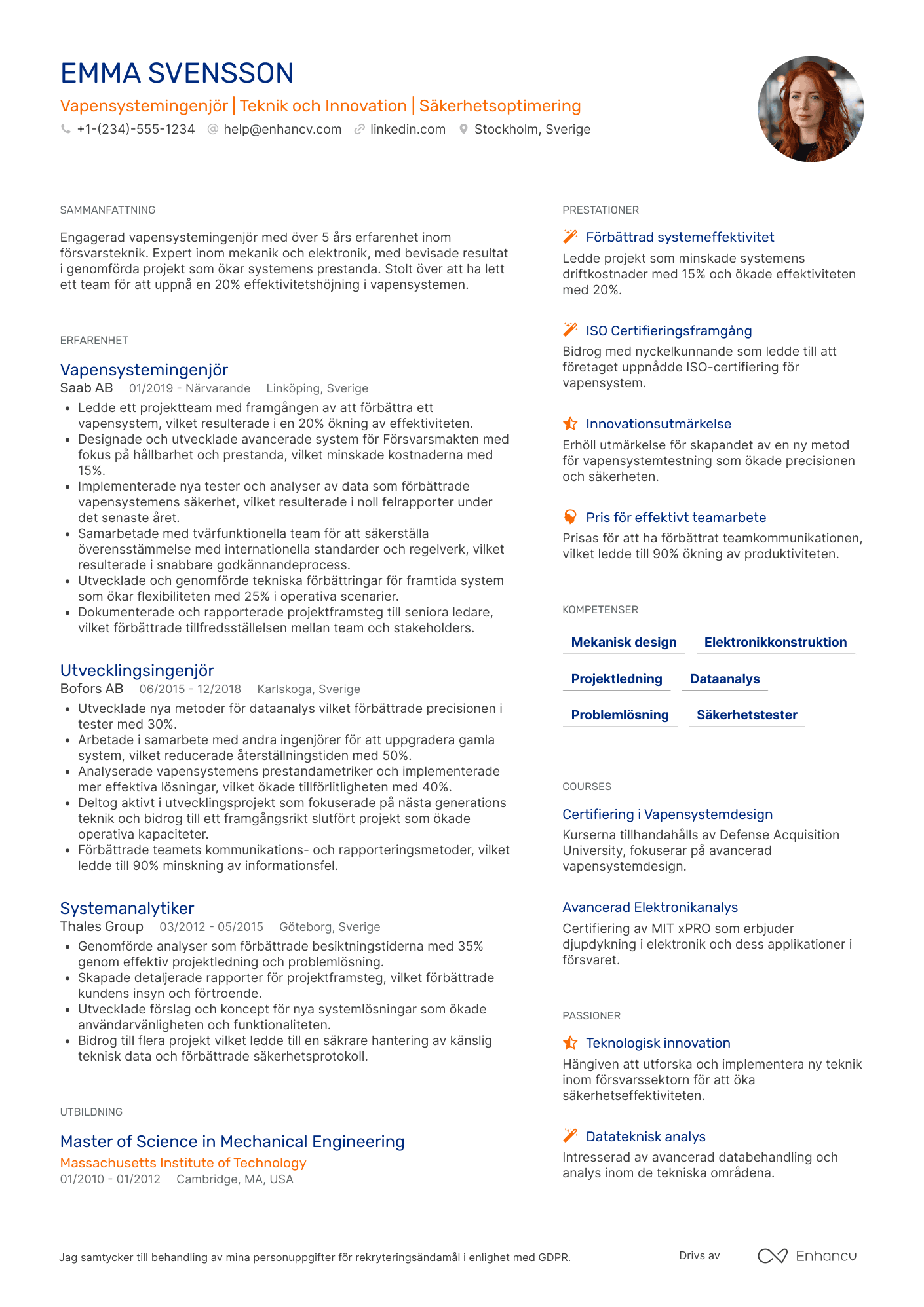 CV för Försvaret Vapensystemingenjör Resume Example