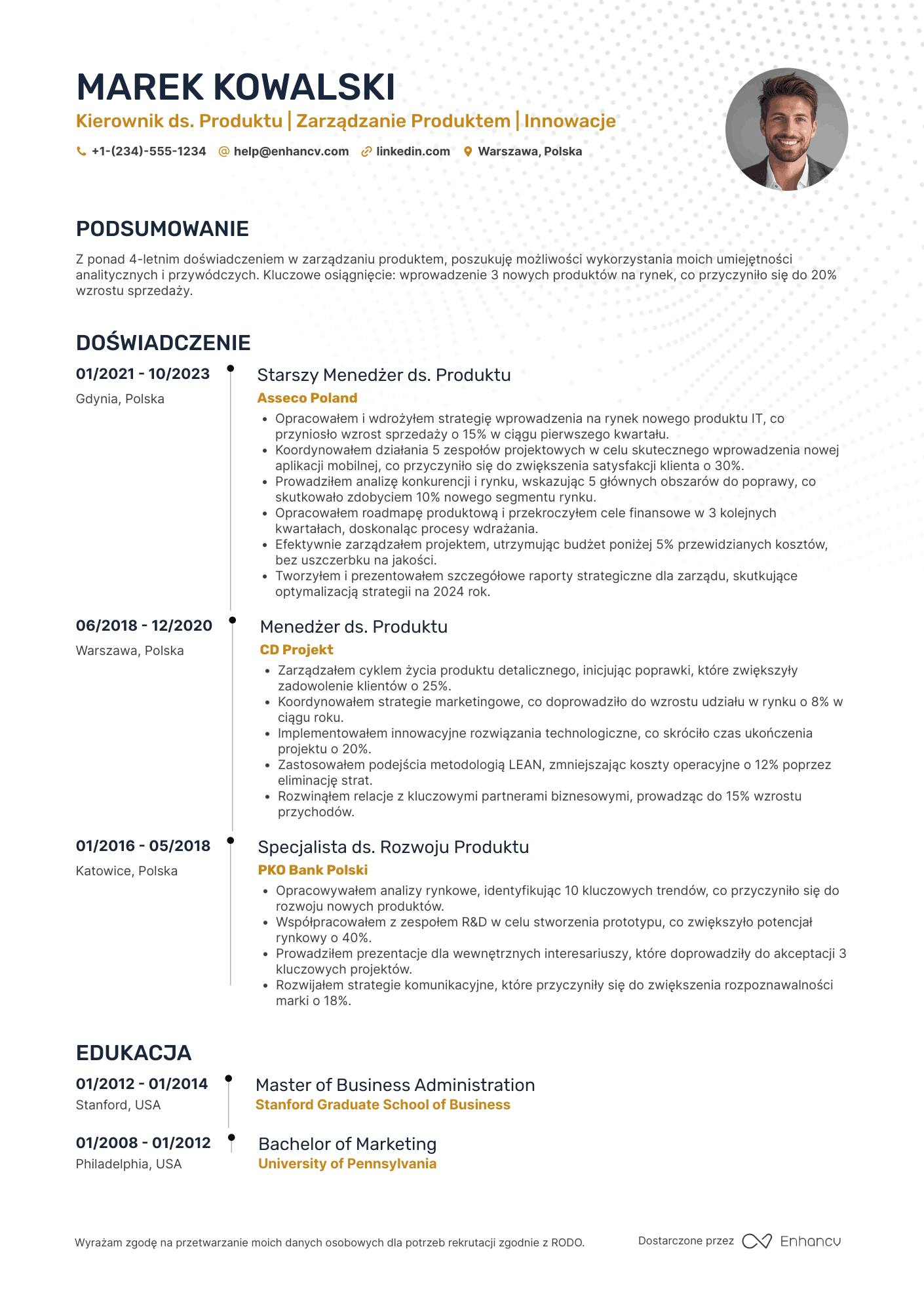 CV dla Kierownik ds. Produktu Resume Example