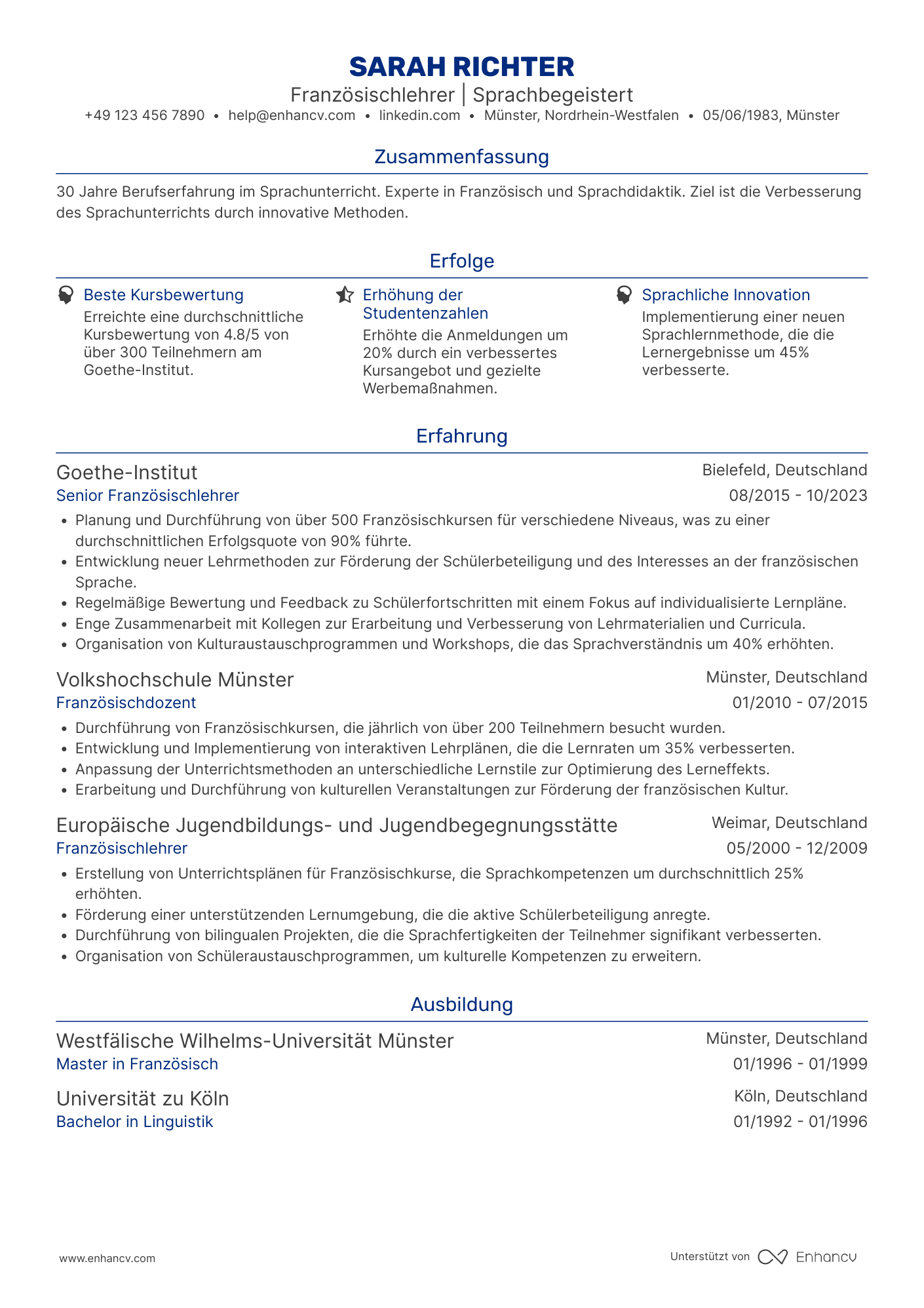 Lebenslauf als Französischlehrer Resume Example