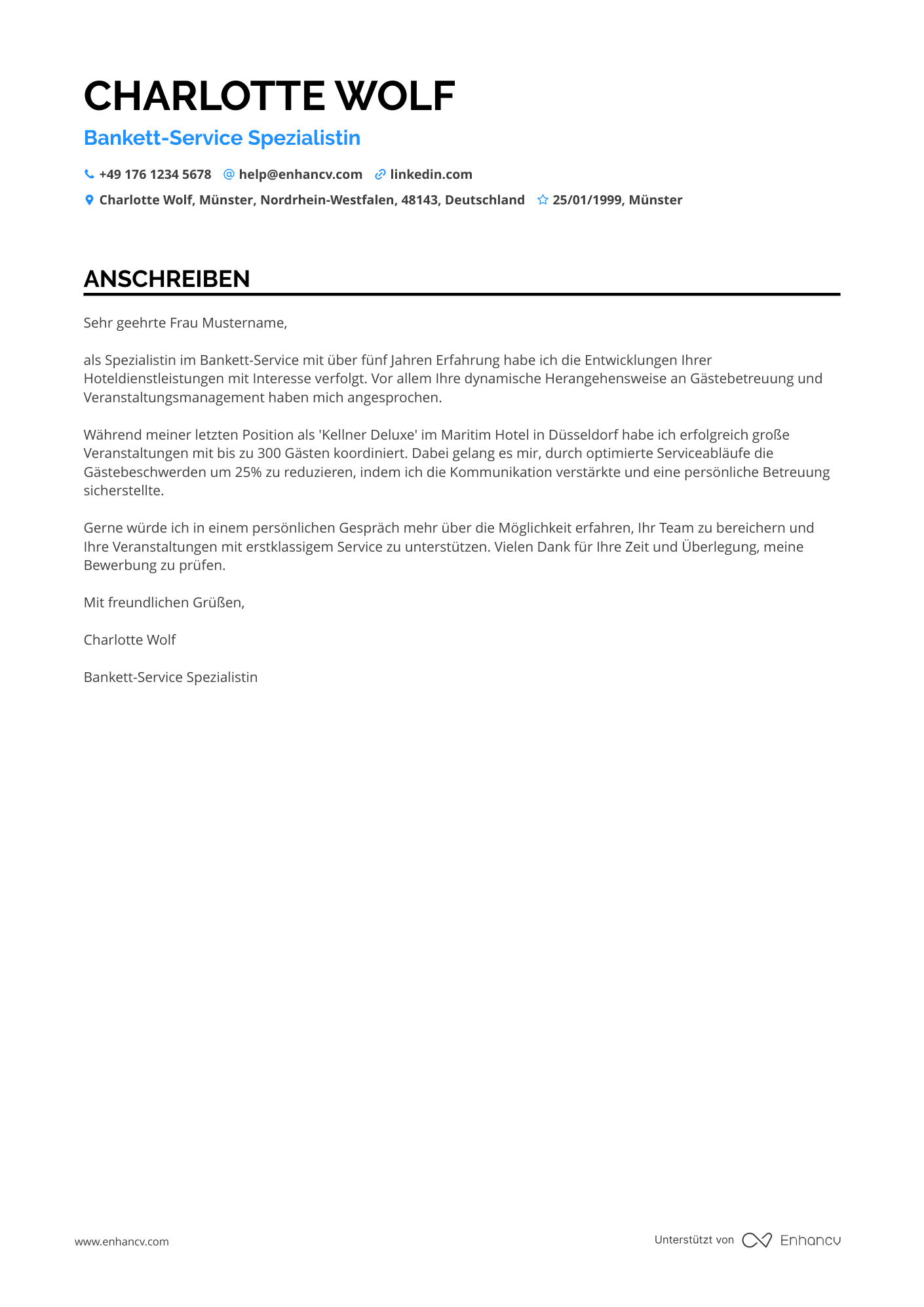 Kellner im Bankett Service Resume Example