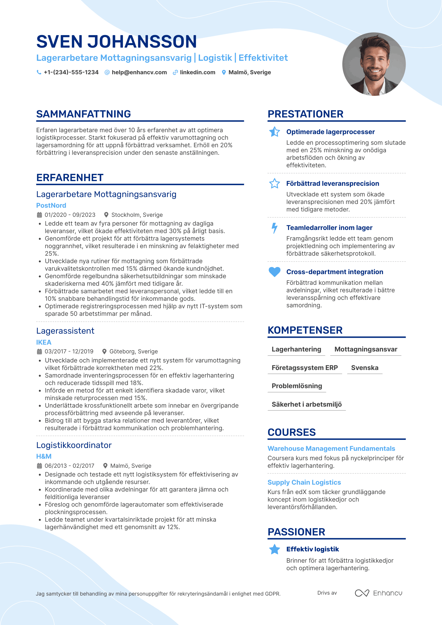 CV för Lagerarbetare mottagningsansvarig Resume Example