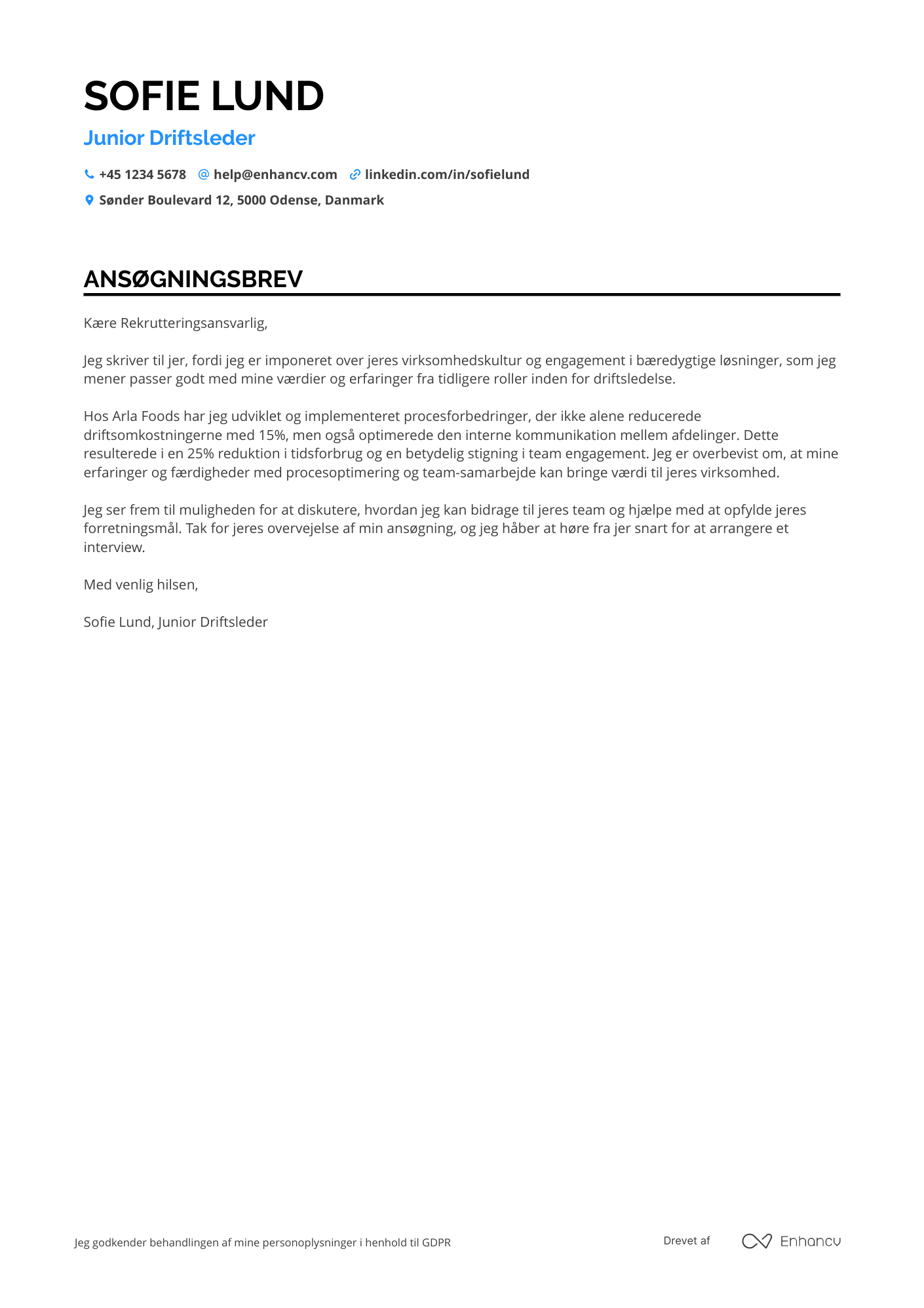 Ansøgningsbrev til Junior driftsleder Resume Example