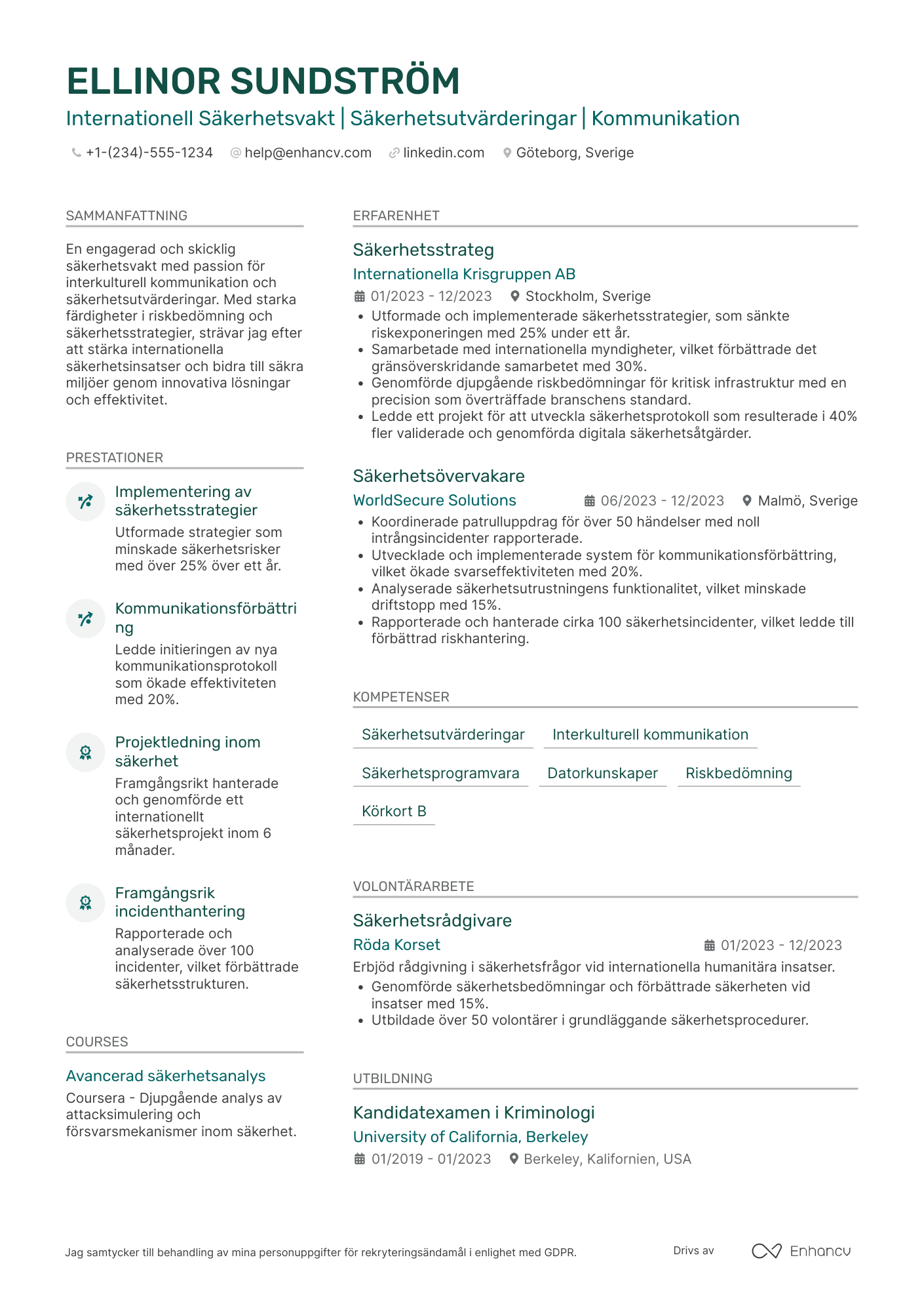 CV för Internationell Säkerhetsvakt Resume Example