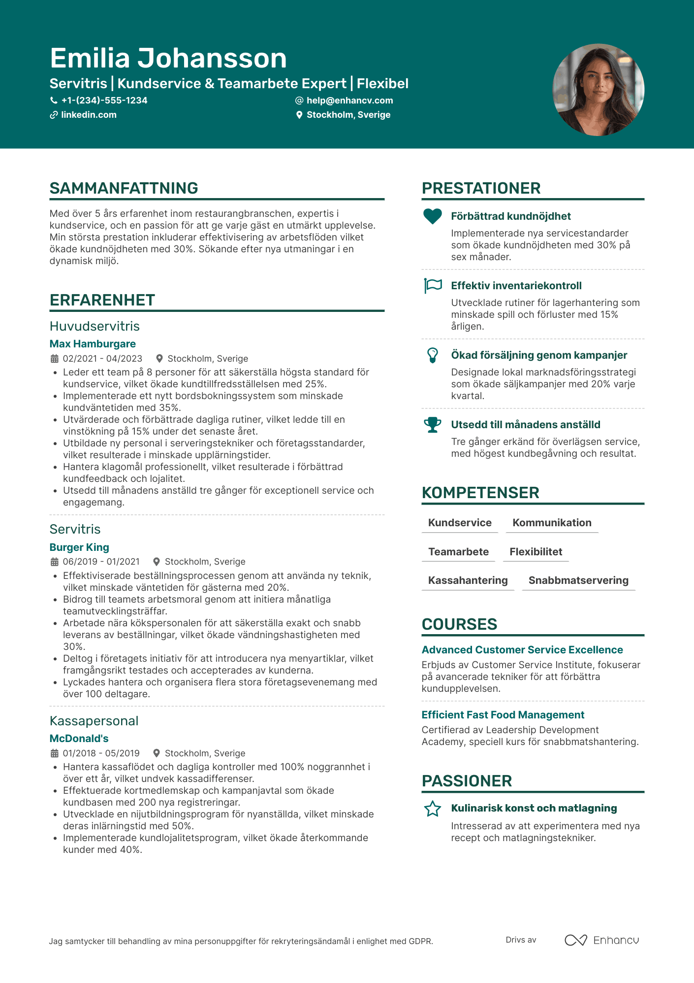 CV för Fastfood Servitris Resume Example