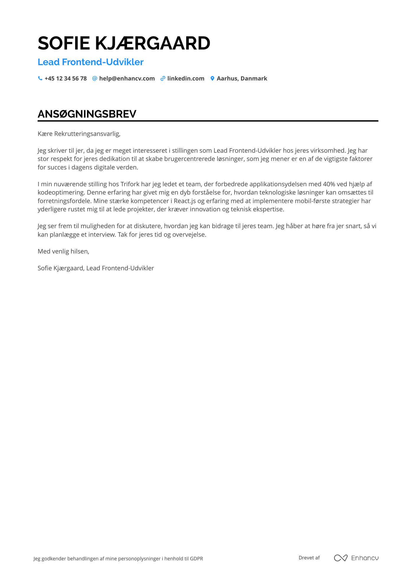 Ansøgningsbrev til Lead frontend udvikler Resume Example