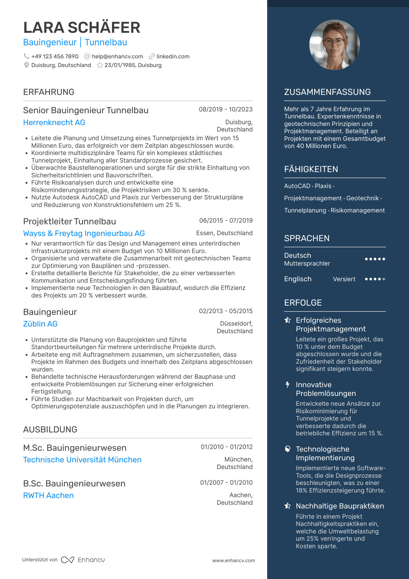 Lebenslauf als Bauingenieur für Tunnelbau Resume Example