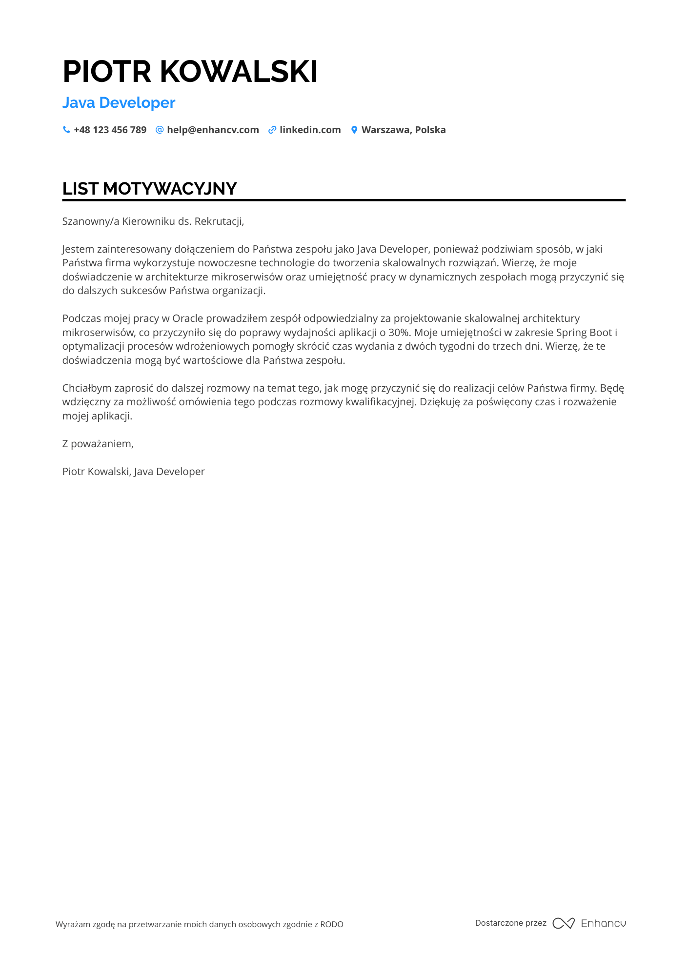 List motywacyjny dla Java Microservices Developer Resume Example