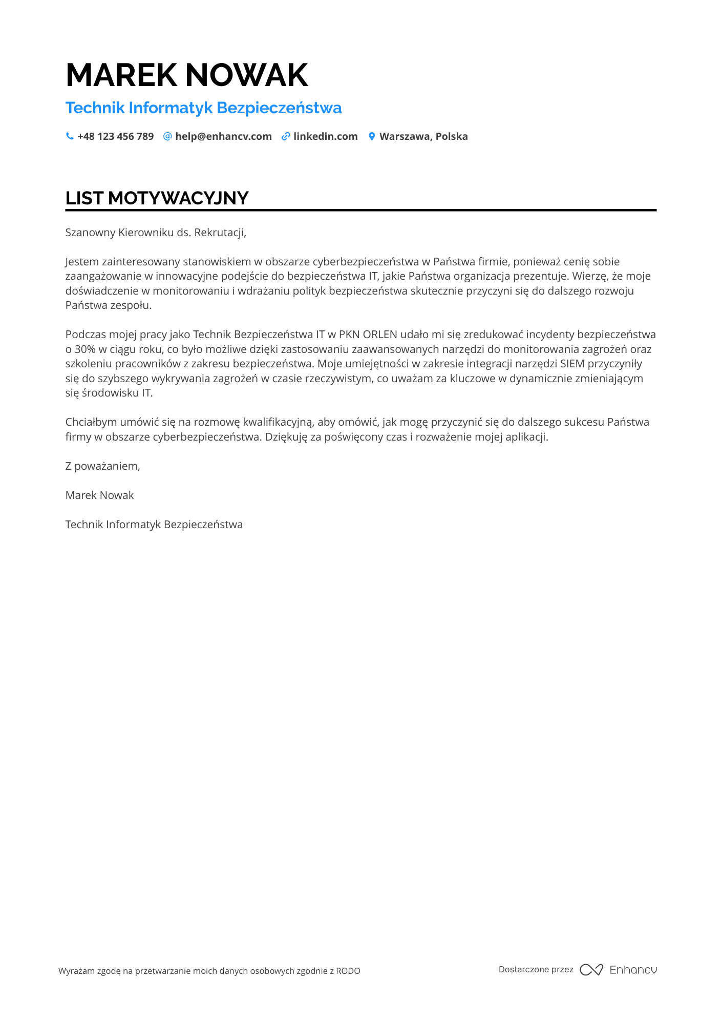 List motywacyjny dla Technik Informatyk Bezpieczeństwa Resume Example