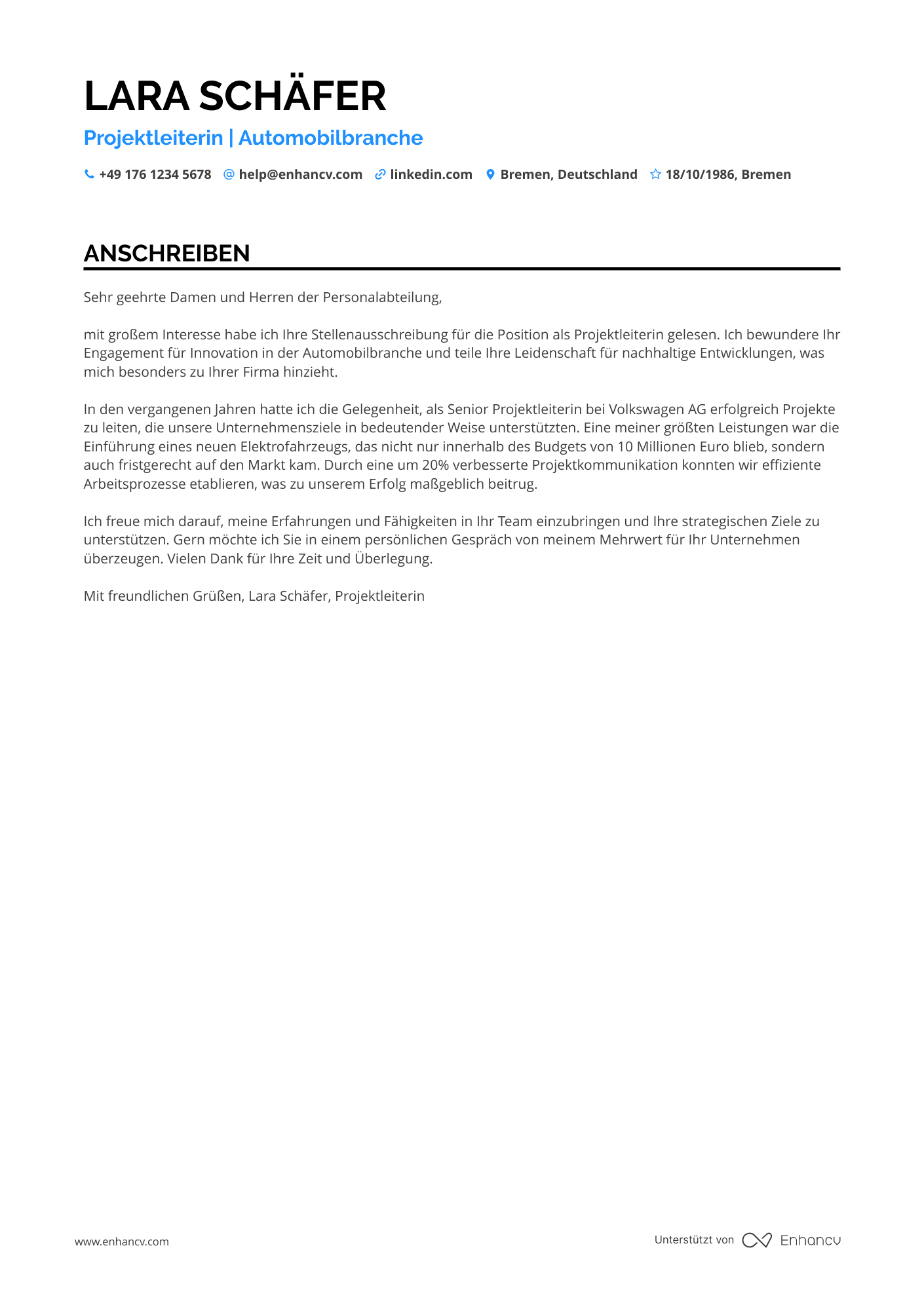 Projektleiter in der Automobilindustrie Resume Example