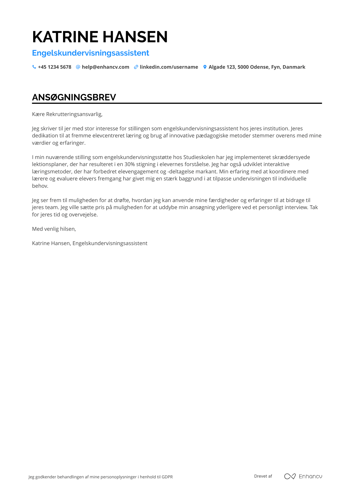 Ansøgningsbrev til Engelsk undervisningsassistent Resume Example