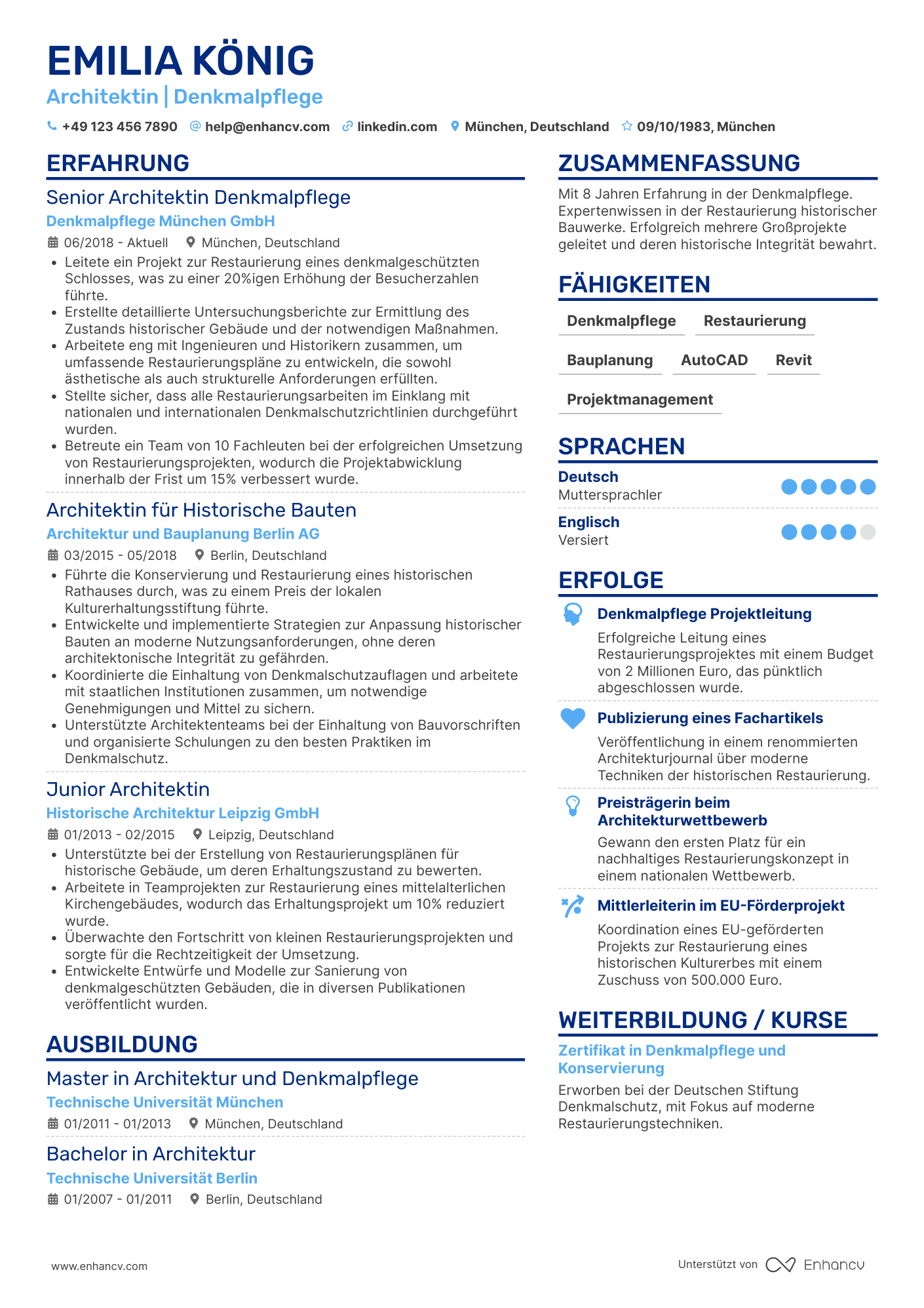 Lebenslauf als Architekt für Denkmalpflege Resume Example