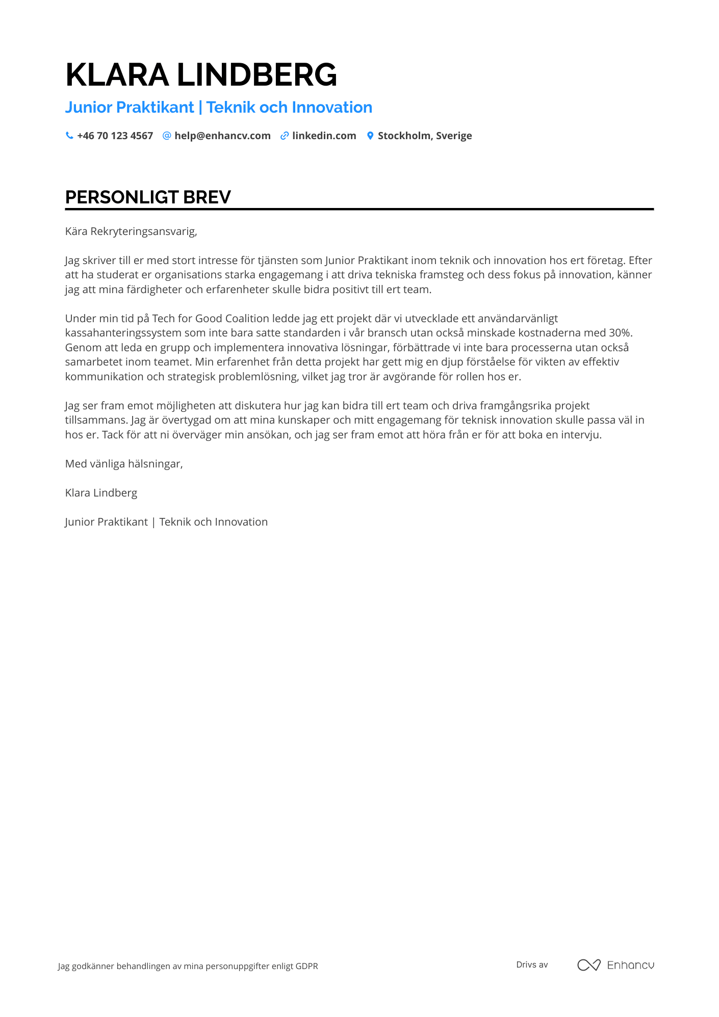 Personligt brev för Junior Praktikant Resume Example
